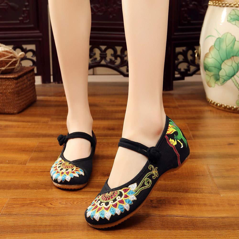 BININBOX Women's Floral Embroidered Loafers - Handmade Comfortable Black Mary Jane Ballet Flats with Round Toe | Perfect for Casual Wear, Office & Spring Outfits
