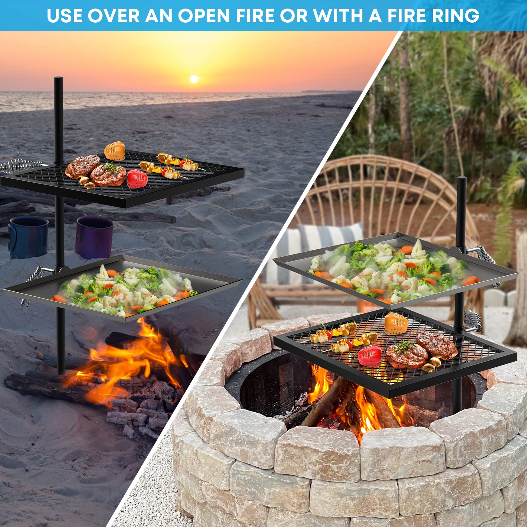 Stanbroil Adjustable Swivel Grill - Heavy Duty Steel Mesh Cooking Grate with Spike Pole & Griddle Plate - Dual Campfire Grill System for Outdoor Open Flame Cooking - Perfect for Camping, Backyard BBQs, and Tailgating Parties