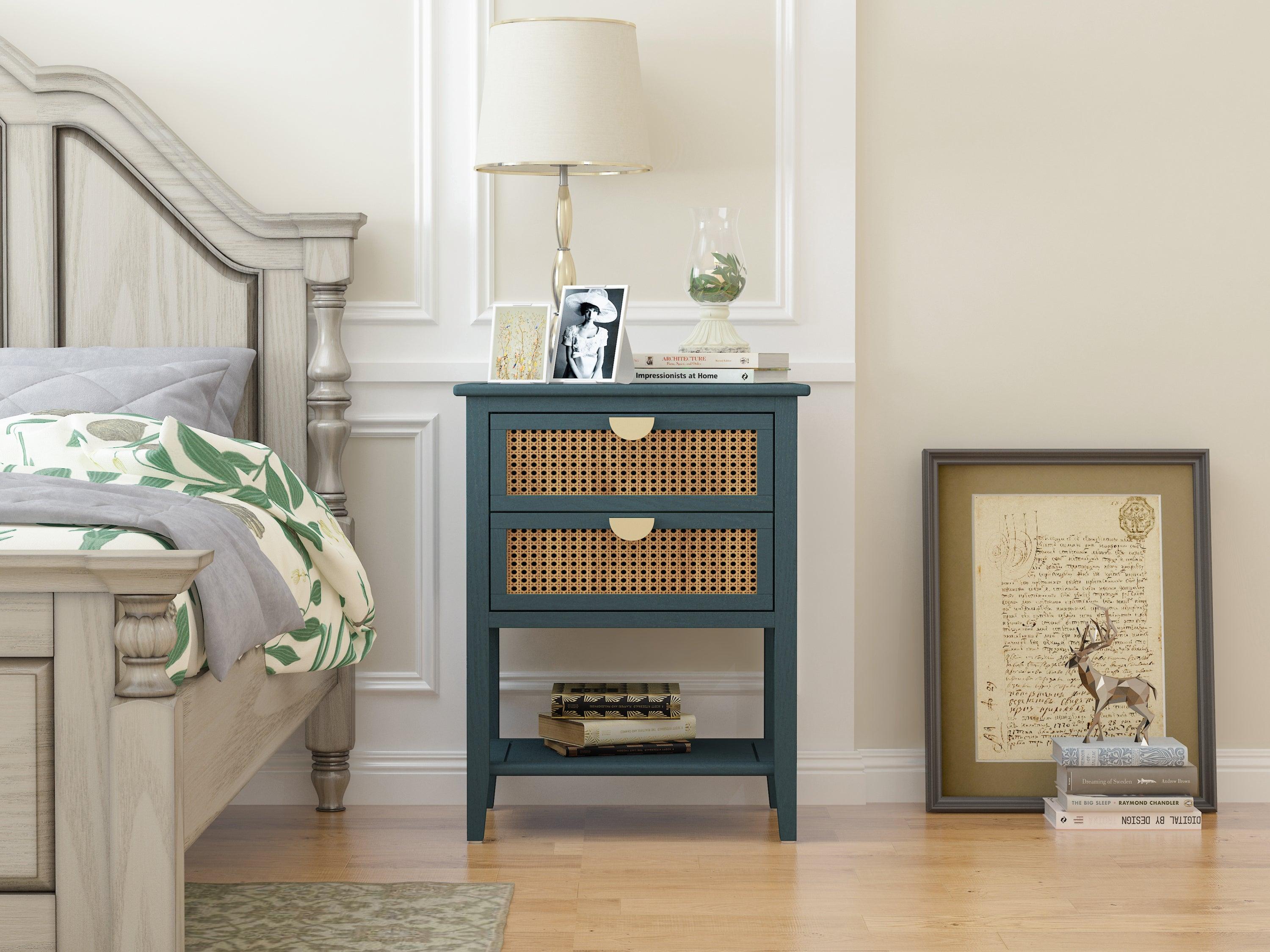 2 Drawer Rattan Side Table - Natural Woven End Table for Bedroom, Living Room, Study | Nightstand, Sofa Accent, Coffee Table Companion