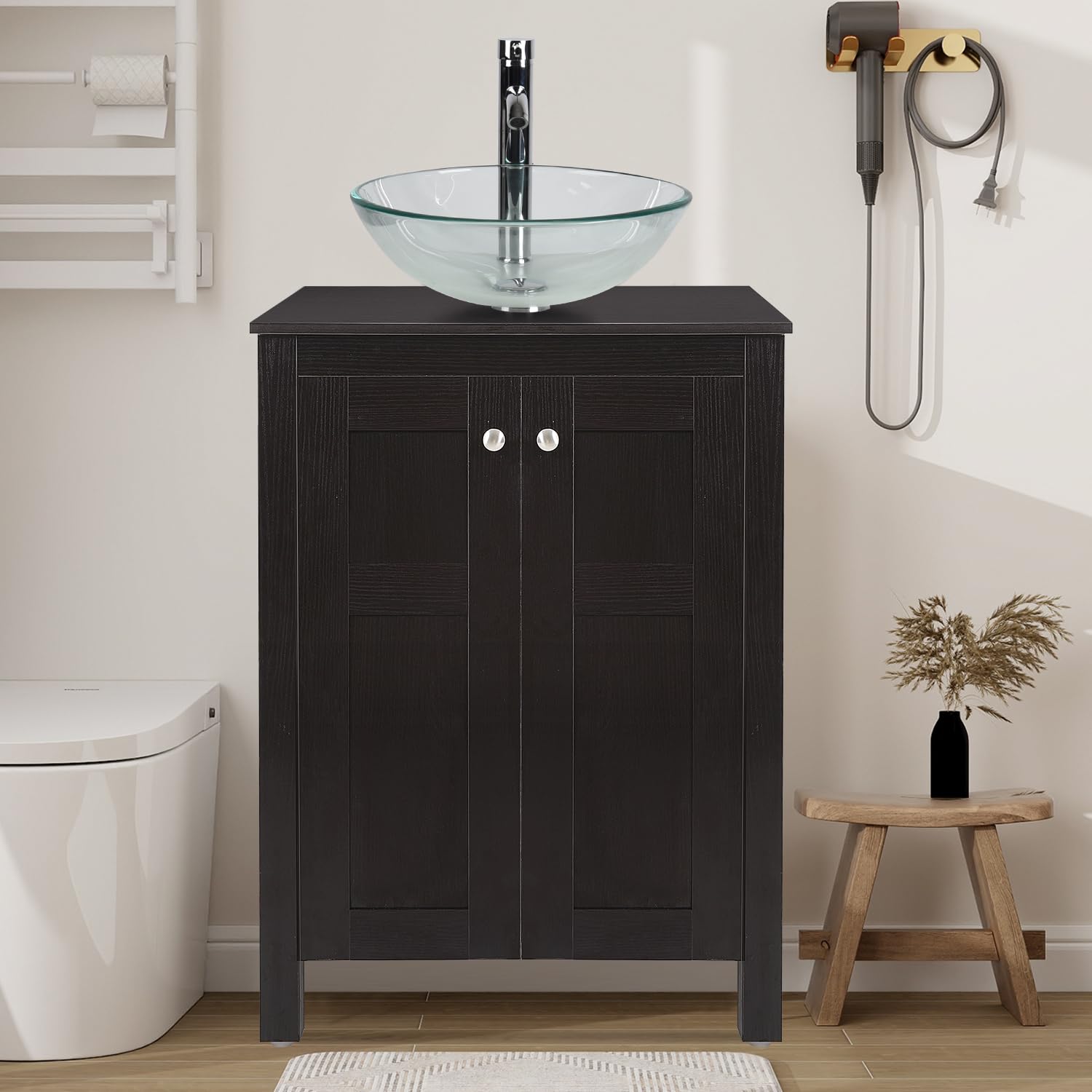 ARTETHYS 24 Inch Traditional Bathroom Vanity Set with Tempered Glass Vessel Sink, MDF Cabinet & Faucet - Complete Bathroom Sink Combo with Pop-up Drain for Modern Home Decor | Perfect for Small Bathrooms, Powder Rooms & Guest Suites