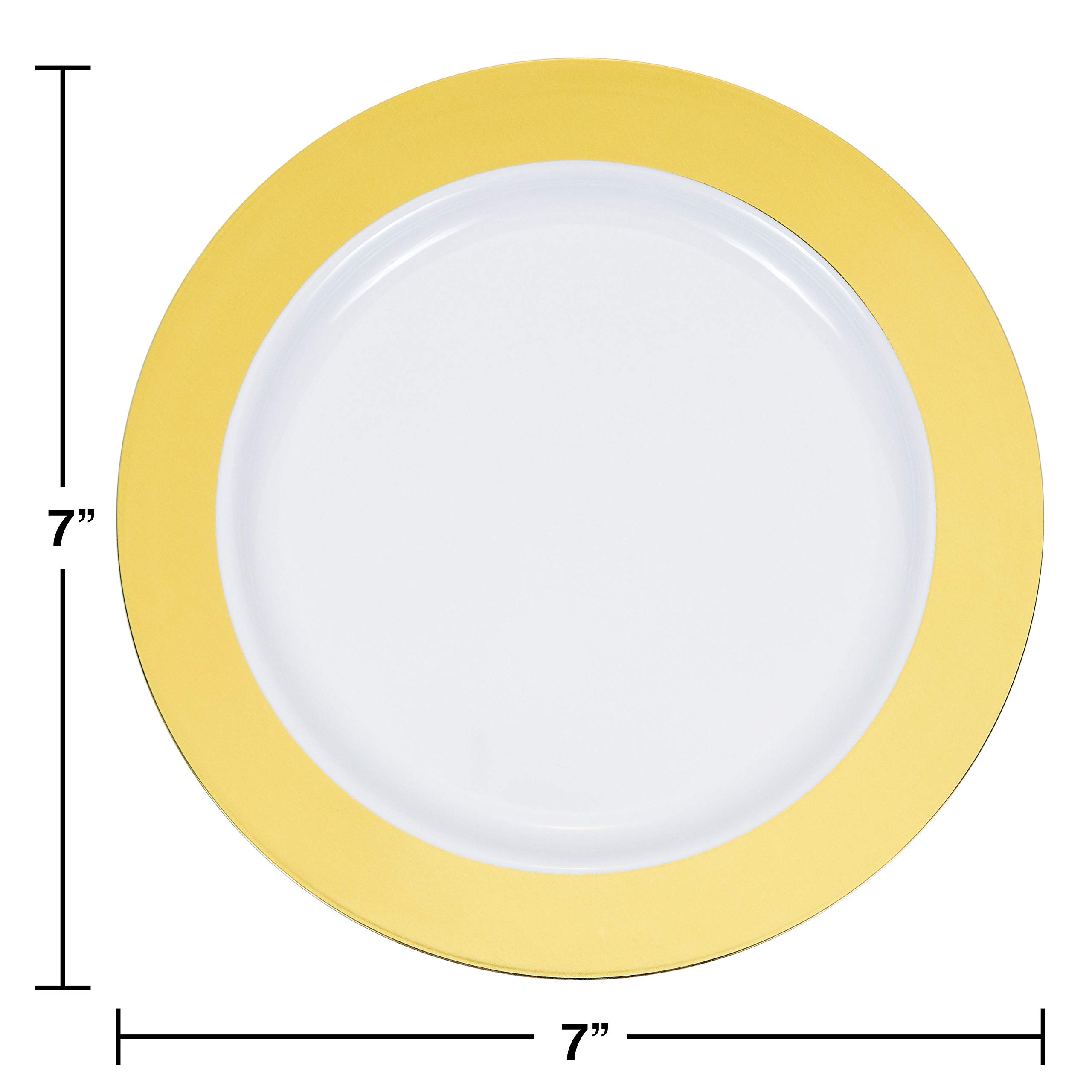 Creative Converting Gold Rim Plastic Dessert Plates - 7 Inch Elegant Party Plates for Birthday, Wedding, Anniversary & Holiday Celebrations - Set of 10 Disposable Plates for Cake, Desserts & Appetizers