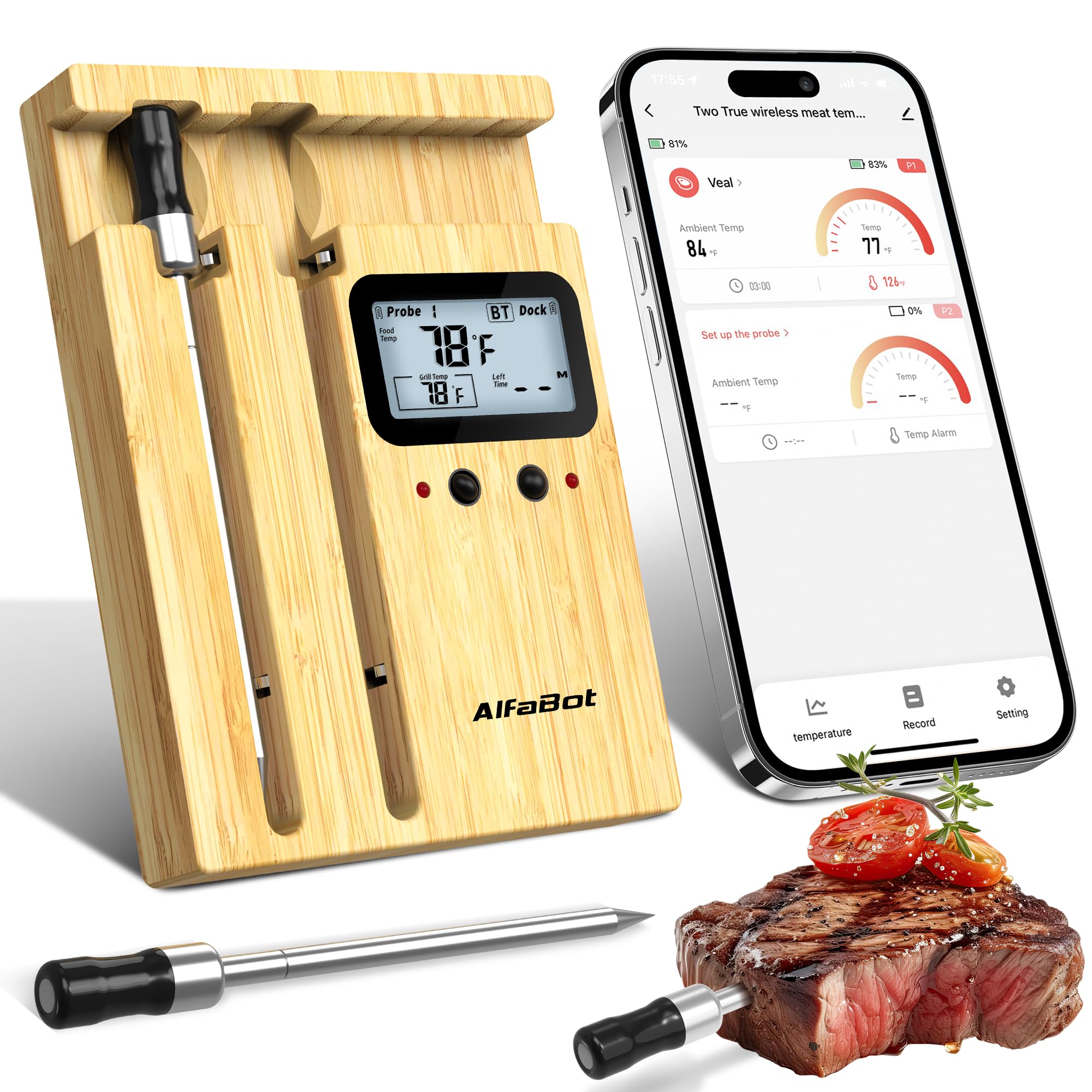 AlfaBot 525FT Bluetooth Wireless Meat Thermometer with 2 Probes - 525FT Long Range Digital Food Thermometer for Grilling, Smoking, BBQ & Oven Cooking - Perfect for Turkey, Beef, Pork & Chicken Monitoring