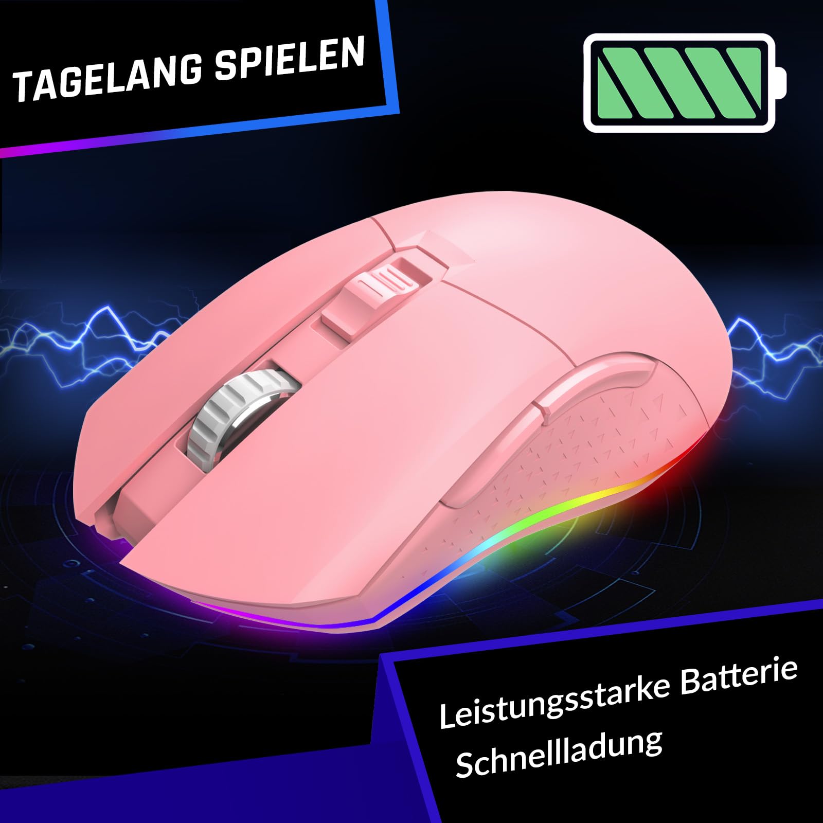 KLIM Blaze Rechargeable Wireless RGB Gaming Mouse - High Precision 16000 DPI Optical Sensor, 50H Battery Life, 7 Programmable Buttons - Dual Mode USB/Wireless for PC, Mac, Laptop - Pink Gaming Mouse for FPS, MOBA, Esports & Office Work