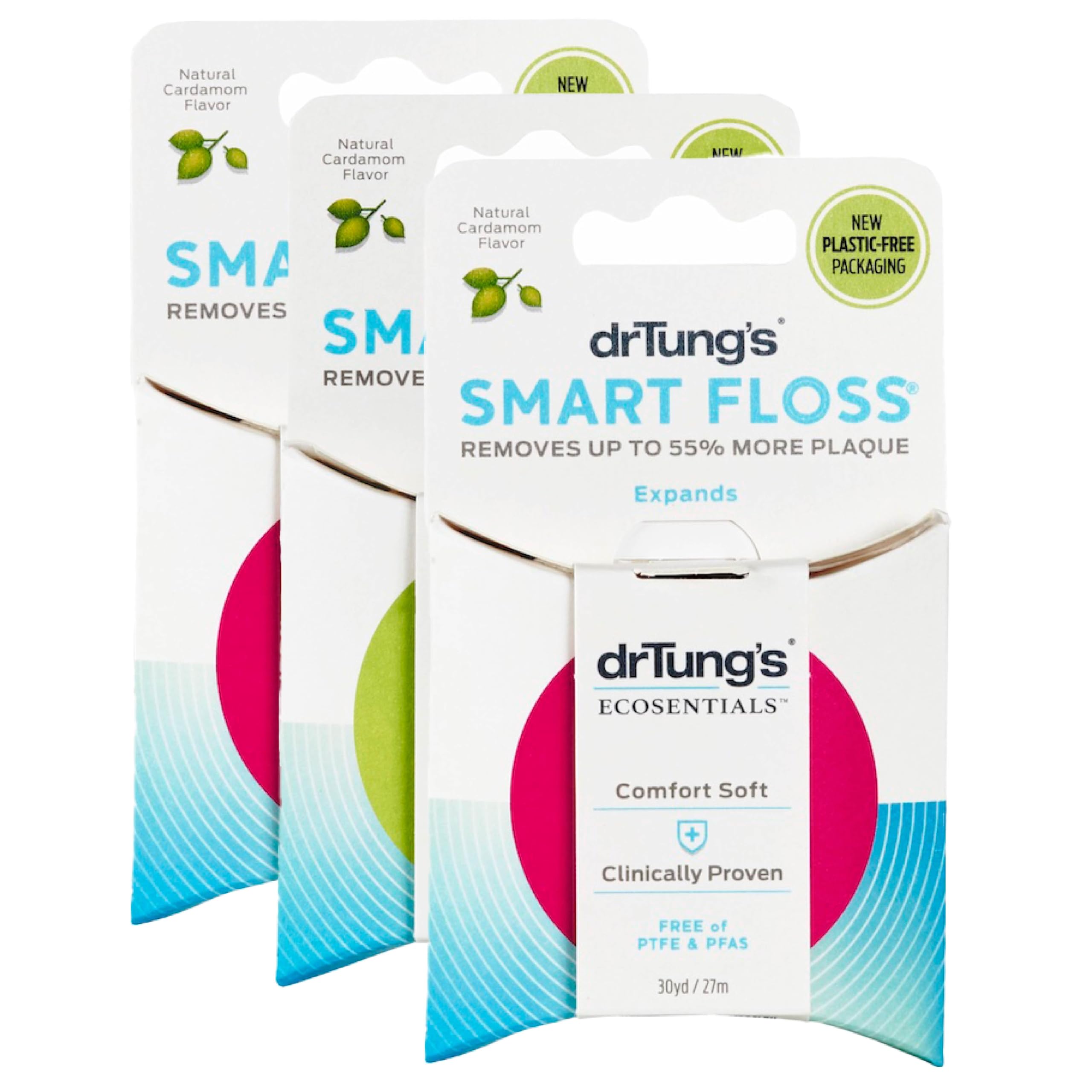 DrTung's Smart Floss - Natural PTFE & PFAS Free Dental Floss, Gentle on Gums, Expands & Stretches, BPA Free - Cardamom Flavor (3 Pack) | Perfect for Sensitive Teeth & Tight Spaces, Ideal for Travel & Daily Oral Care