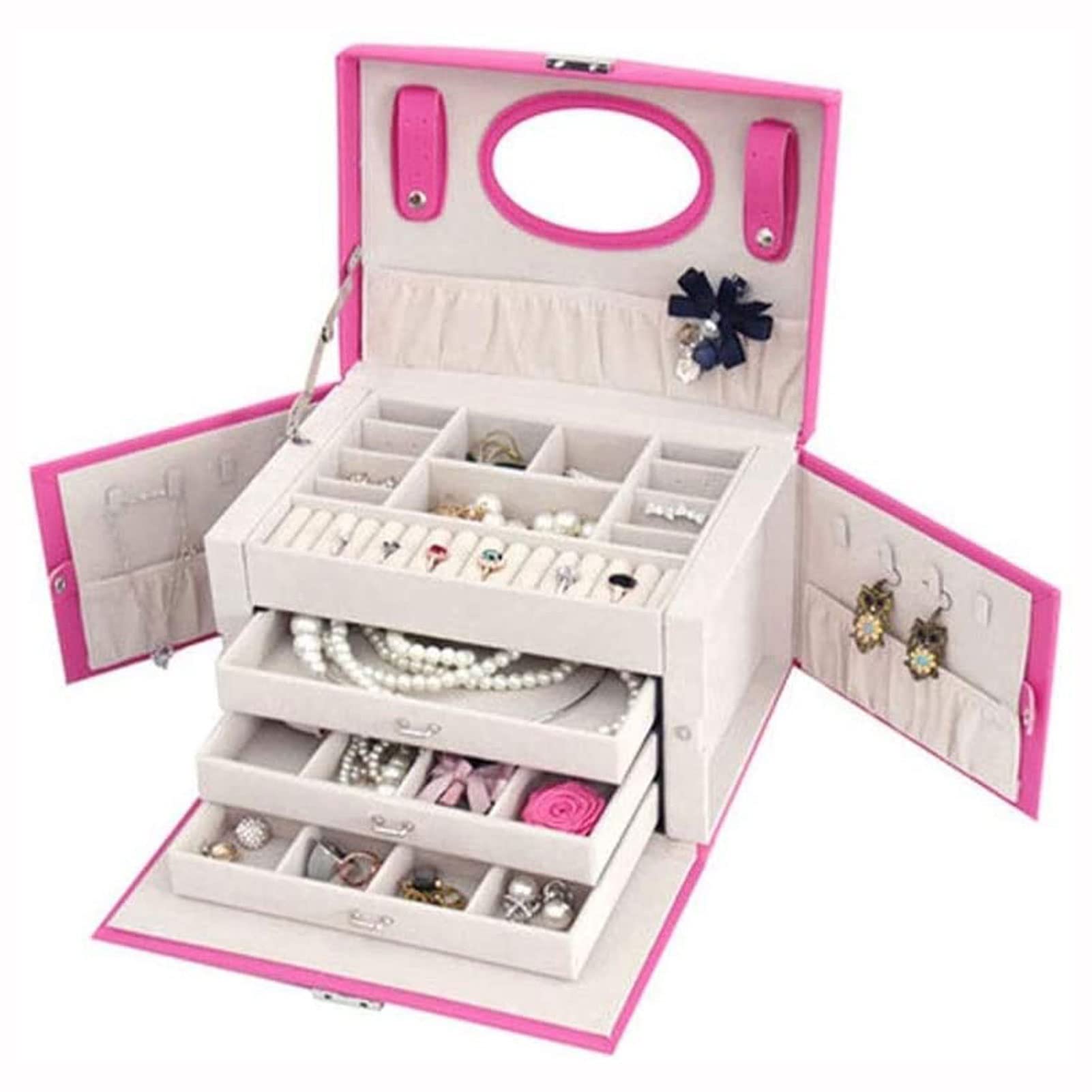 RenminRoad Large Capacity Mirrored Wooden Jewelry Box Organizer for Women & Girls - Multi-Layer Storage Case for Necklaces, Earrings, Rings & Watches - Perfect for Bedroom Vanity, Travel & Gift Giving