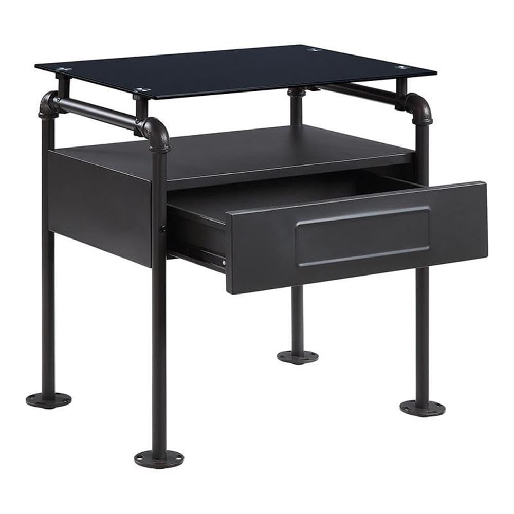 Acme Nicipolis Modern Glass Top Nightstand with 1 Drawer & Storage Compartment in Sandy Gray - Perfect for Bedroom, Living Room & Office Furniture
