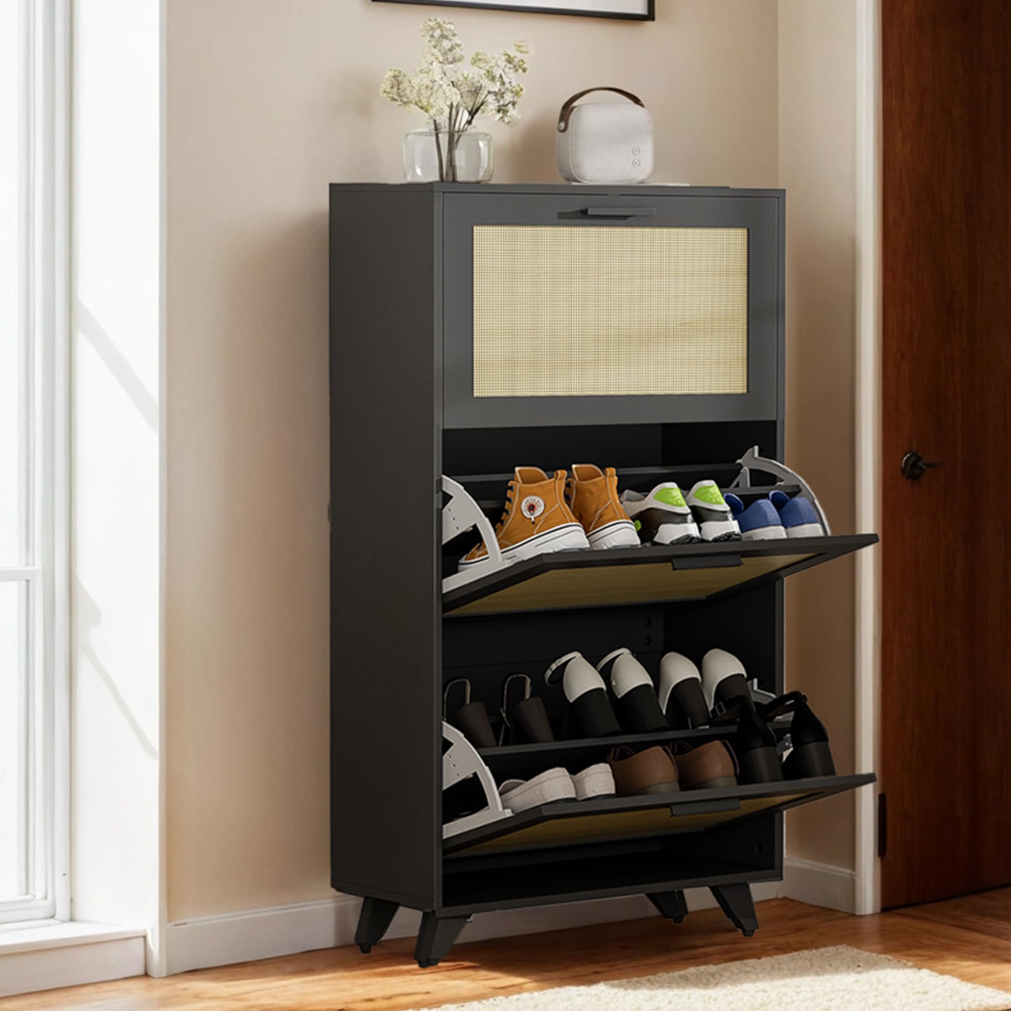 **Anystyle Rattan Black 3-Tier Flip Drawer Shoe Cabinet - Boho Narrow Shoe Storage Organizer for Entryway, Closet & Hallway - Wooden Shoe Rack for Small Spaces, Home & Apartment Decor**