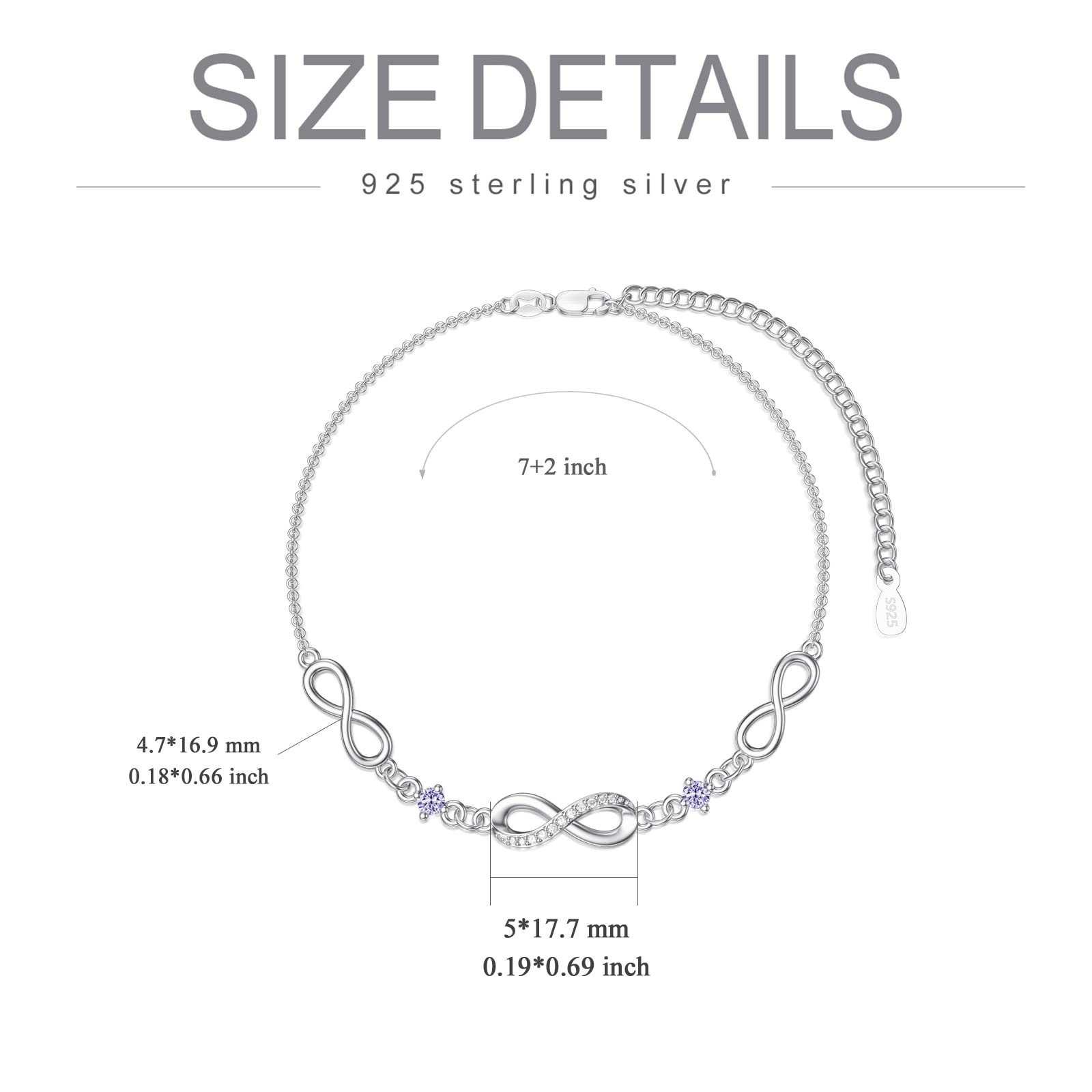 Infinity Bracelet for Women - 925 Sterling Silver Adjustable Birthstone Charm Link Bracelet - Christmas, Birthday, Anniversary Gift for Wife, Mom, Her - Perfect for Everyday Wear & Special Occasions