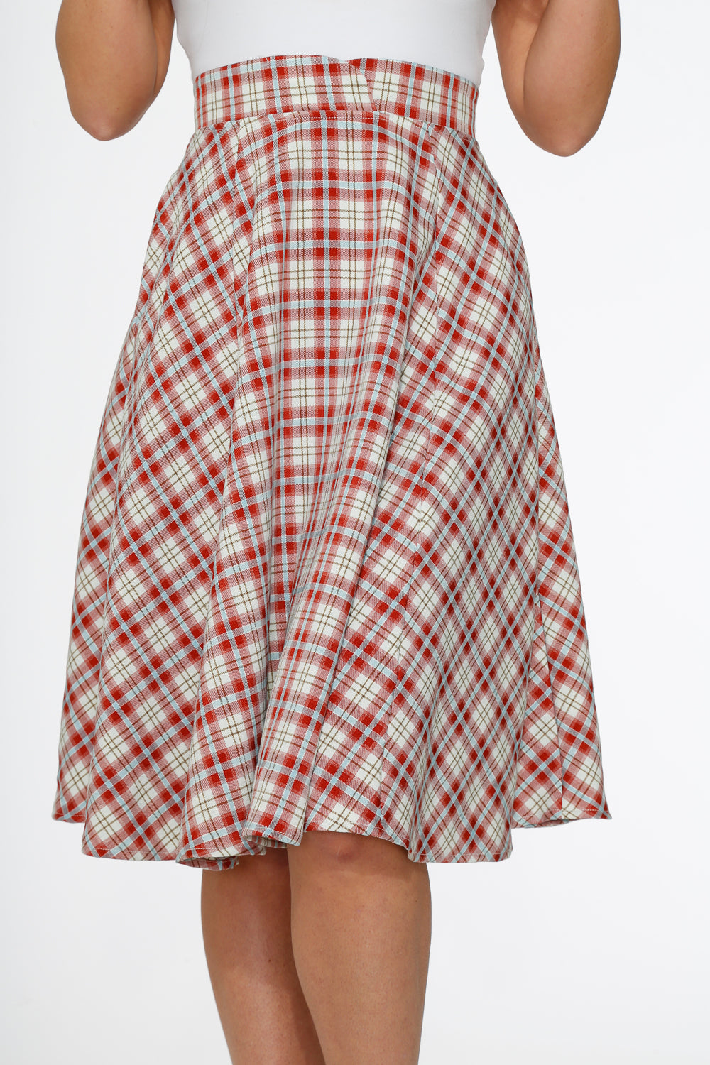 Stylish Red Plaid Swing Skirt for Women - A-Line Flowy Skirt with Pockets - Perfect for Casual Outfits, Date Nights & Fall Fashion