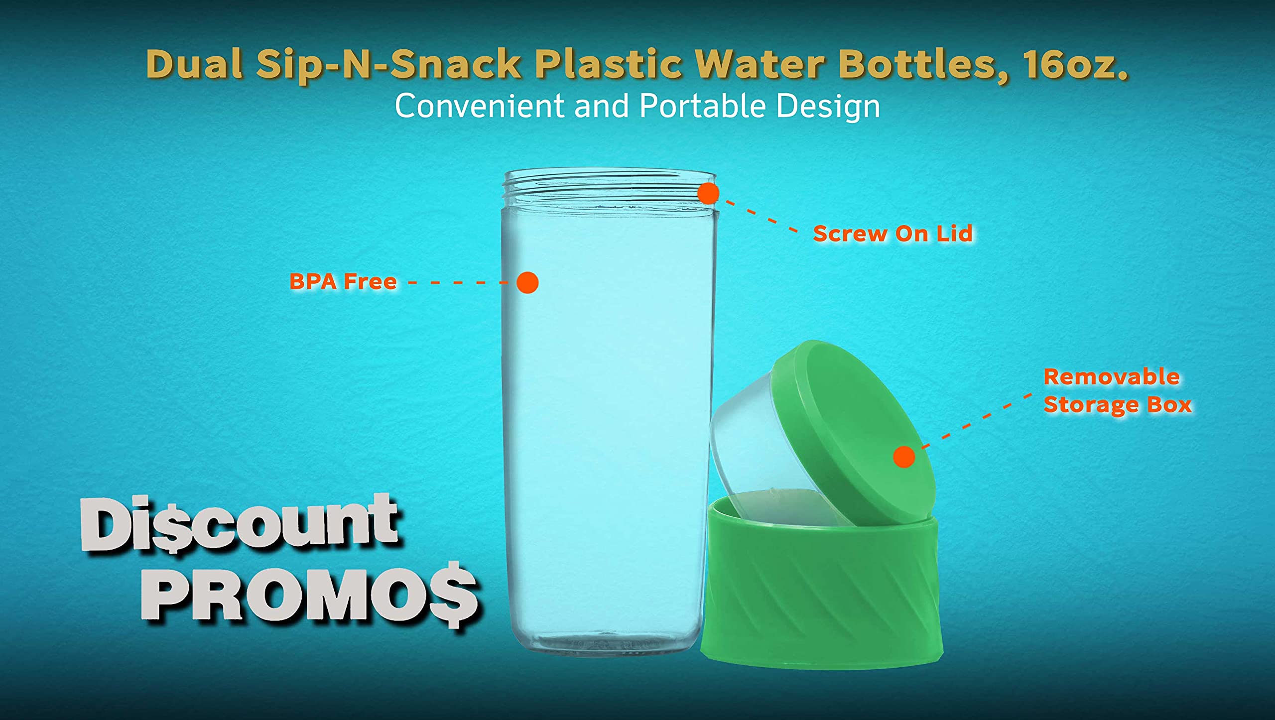 10 Pack Dual Sip-N-Snack BPA Free Plastic Water Bottles with Screw On Lid - 16 oz Reusable Sports Bottles for Kids, Gym, Hiking & Outdoor Activities - Green