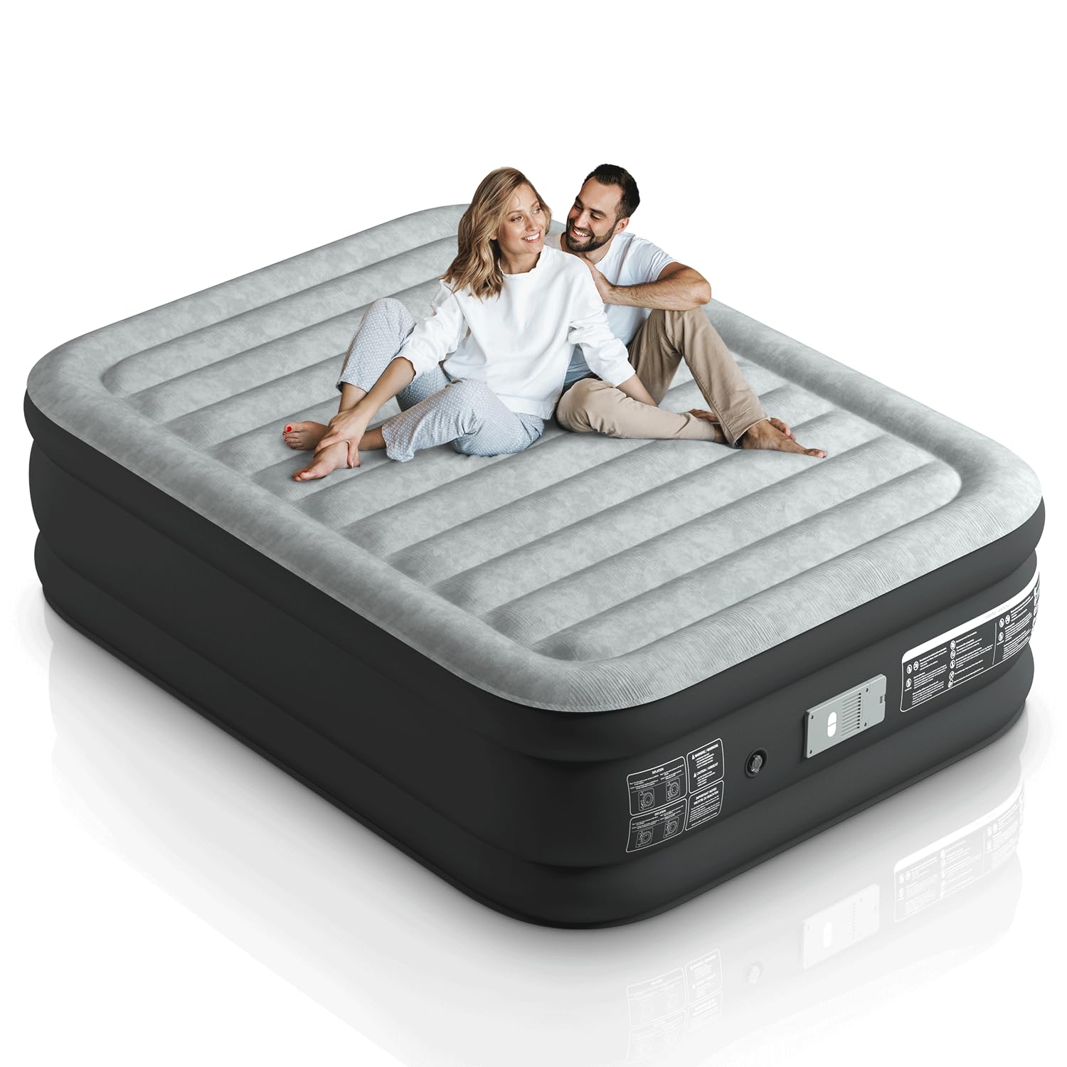 20 Inch Queen Air Mattress - Luxury Inflatable Bed with Push Button Start, Auto Stop & Quick 1-3 Minute Inflation/Deflation - Perfect for Camping, Guest Beds & Indoor/Outdoor Use (Grey & Black)