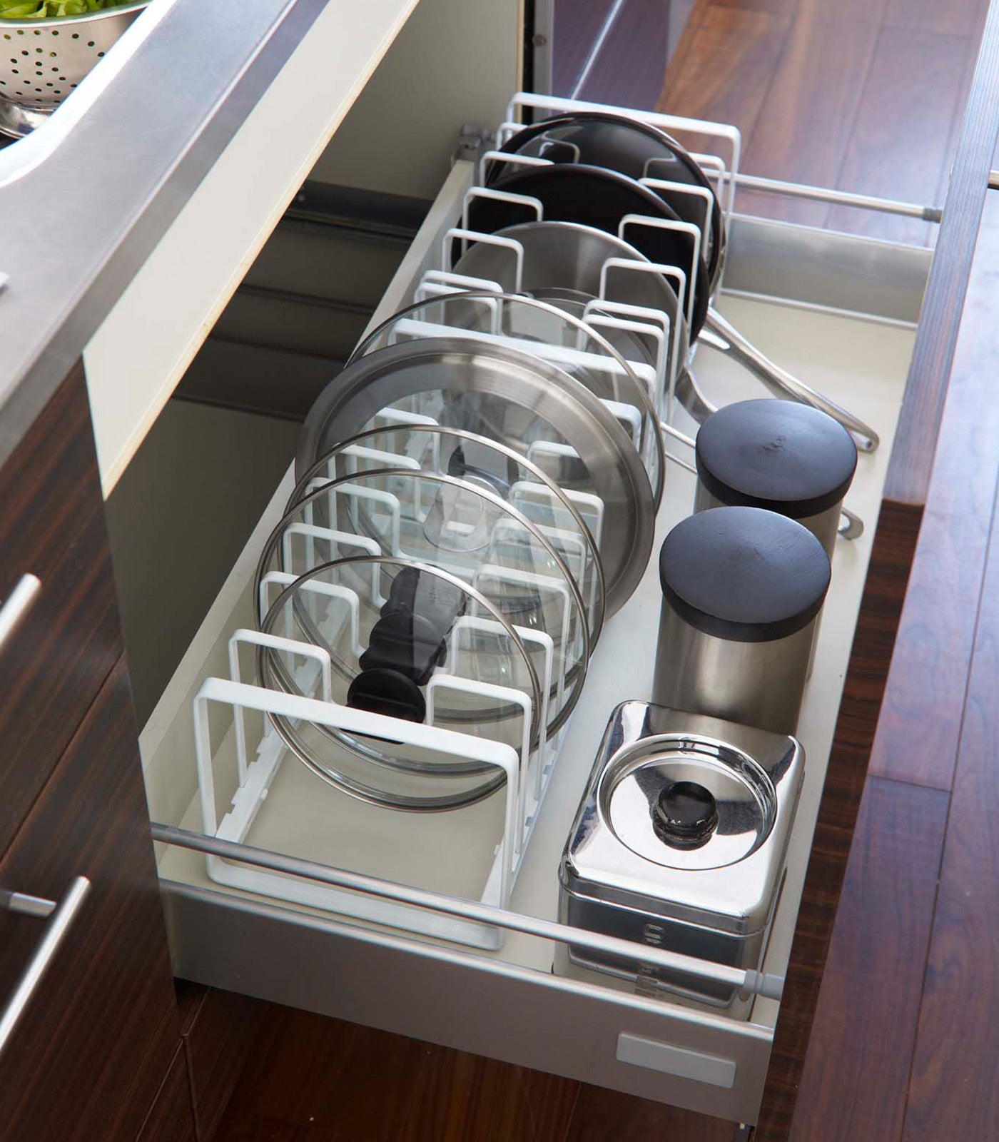 Adjustable Steel Pot Lid and Frying Pan Organizer - Space Saving Kitchen Storage for Cabinets & Drawers - Perfect for Small Kitchens & RV Cooking