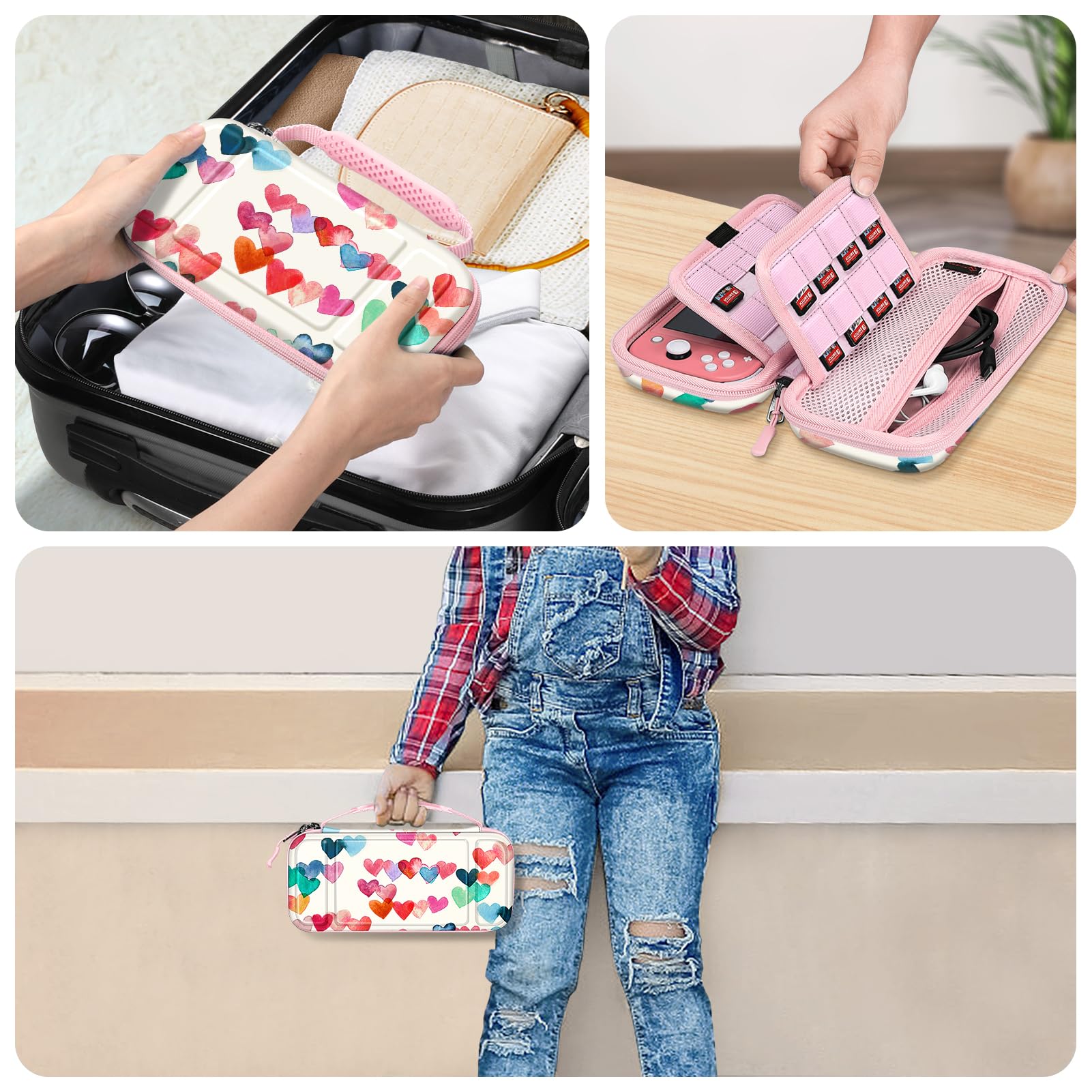 Fintie Shockproof Hard Shell Carrying Case for Nintendo Switch Lite 2019 - Protective Travel Bag with 15 Game Card & 2 Micro SD Card Slots - Compatible with Switch Lite Console & Accessories (Raining Hearts Design) - Perfect for Travel, Gaming On-The-Go & Console Protection