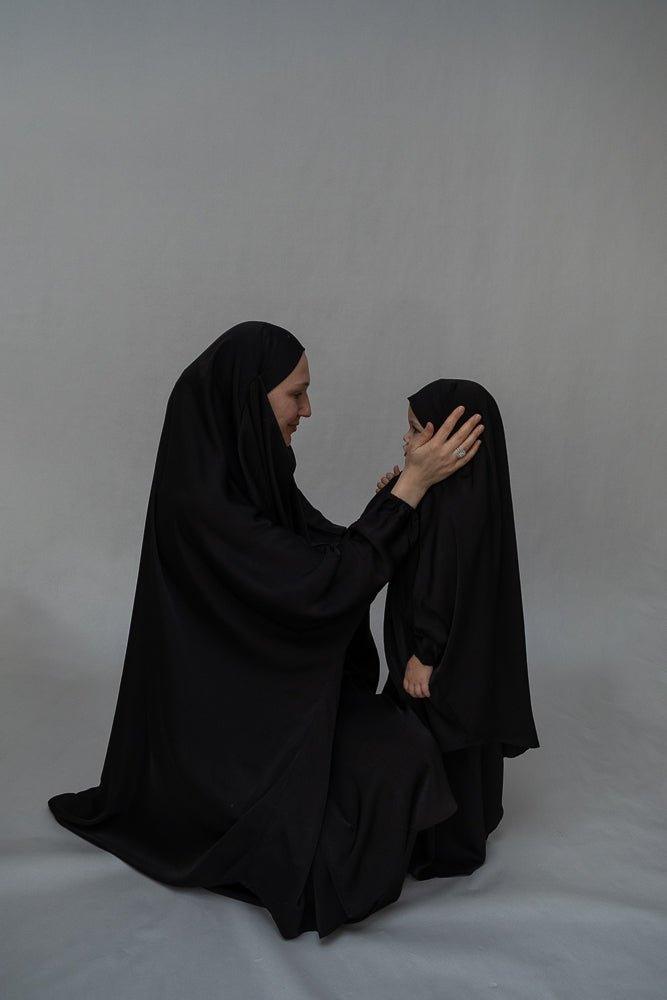 Black Muslim Prayer Dress for Women - Mommy and Me Islamic Khimar Collection - Perfect for Salah, Eid, Mosque & Home Worship