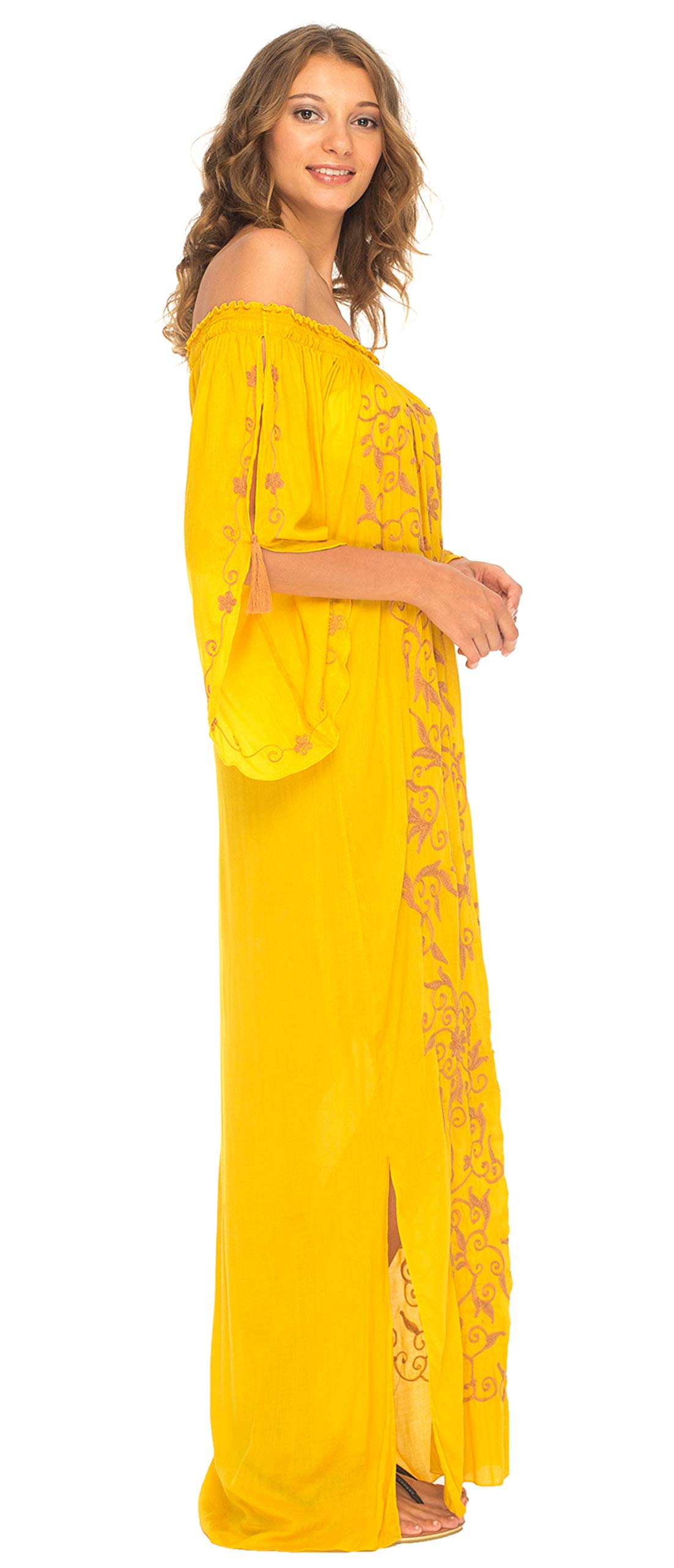 SHU-SHI Women's Casual Boho Ethnic Long Sleeve Off Shoulder Embroidered Maxi Dress - Perfect for Beach Vacations, Summer Parties & Boho Fashion