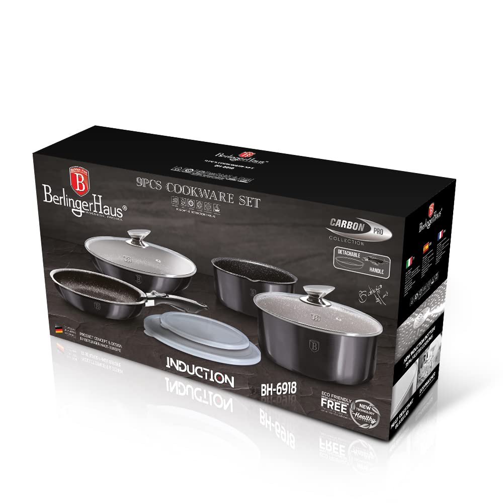 Berlinger Haus 9-Piece Nonstick Cookware Set with Detachable Ergonomic Handles & Glass Lids - Premium Pots and Pans for Everyday Cooking, Frying, Sauteing & Meal Prep