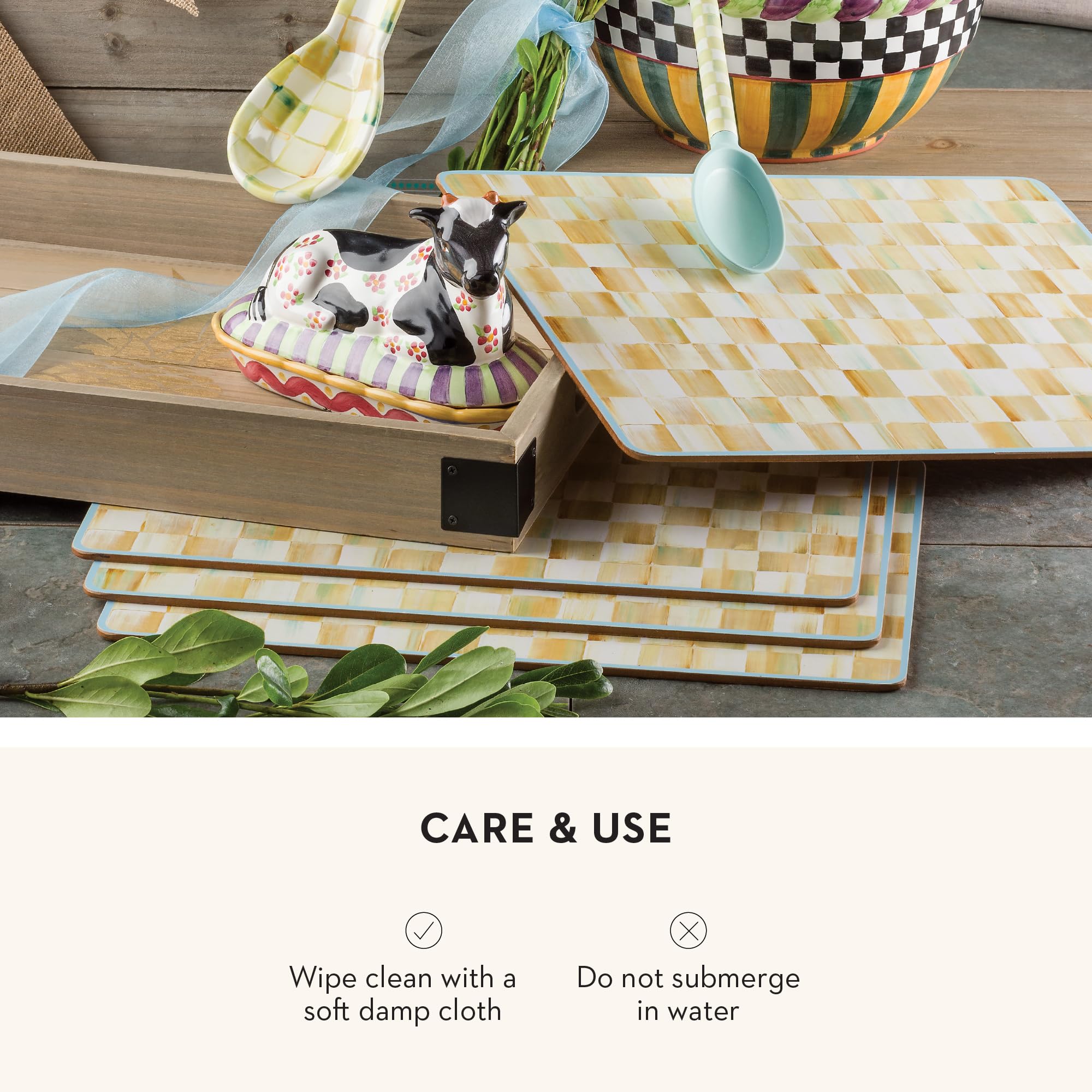 MACKENZIE-CHILDS Cork-Back Washable Placemats Set of 4 - Yellow and Cream Parchment Check Pattern Table Mats for Dining Room, Kitchen, and Party Decor