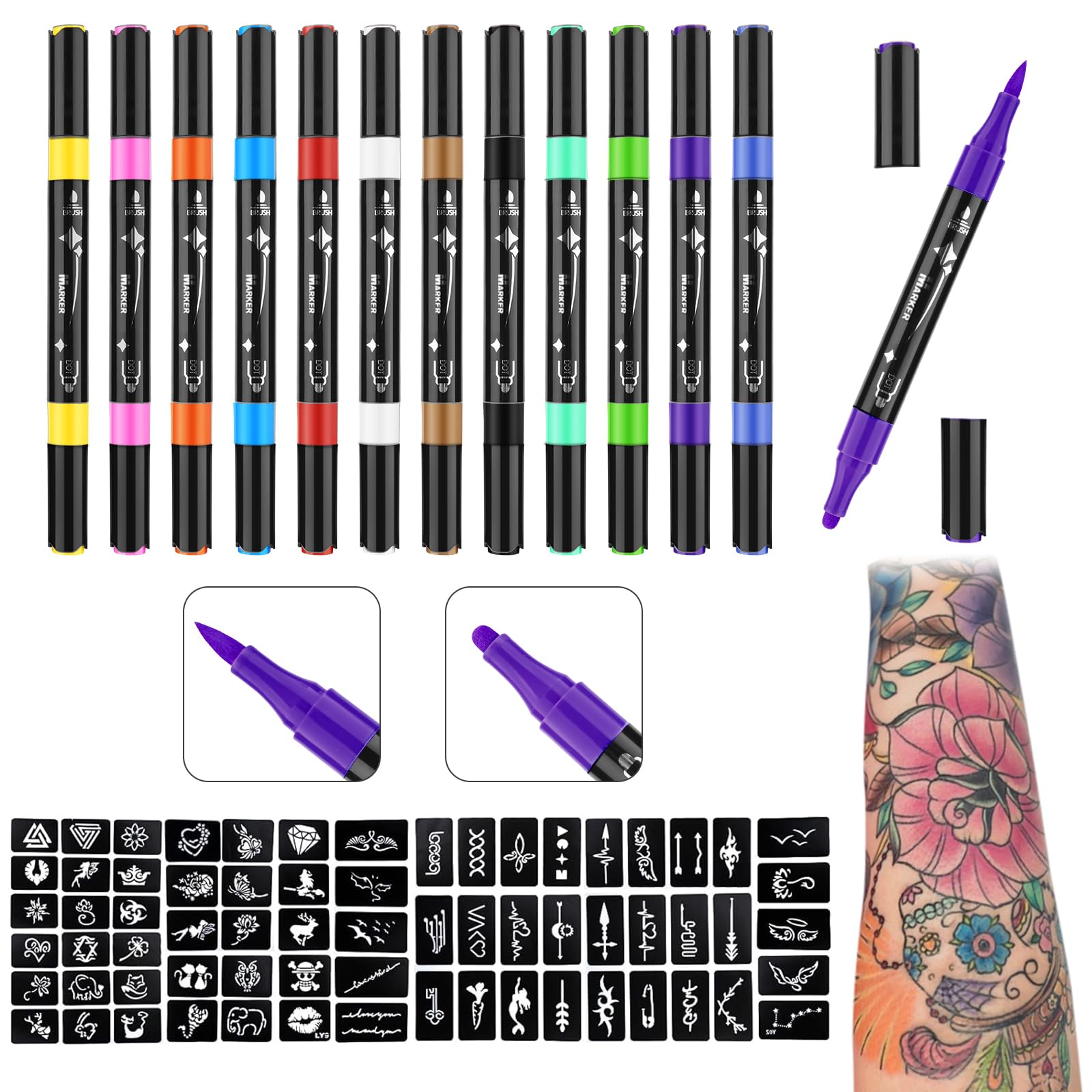 Ponhey Temporary Tattoo Markers Kit - 12 Dual-End Skin Markers & 67 Large Stencils for Adults | Cosmetic-Grade, Skin-Safe Body Art Pens with Fine Tip | Perfect for Halloween, Costume Parties, Festivals & Face Painting