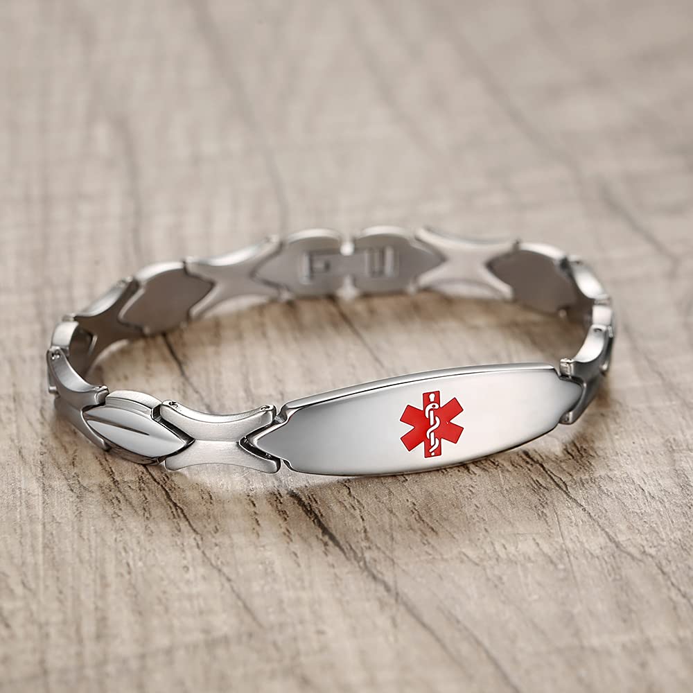 LinnaLove Fashion Shiny Stainless Steel Medical ID Bracelet for Women - Free Engraving, Waterproof & Hypoallergenic - Perfect for Daily Wear, Travel & Emergency Medical Identification