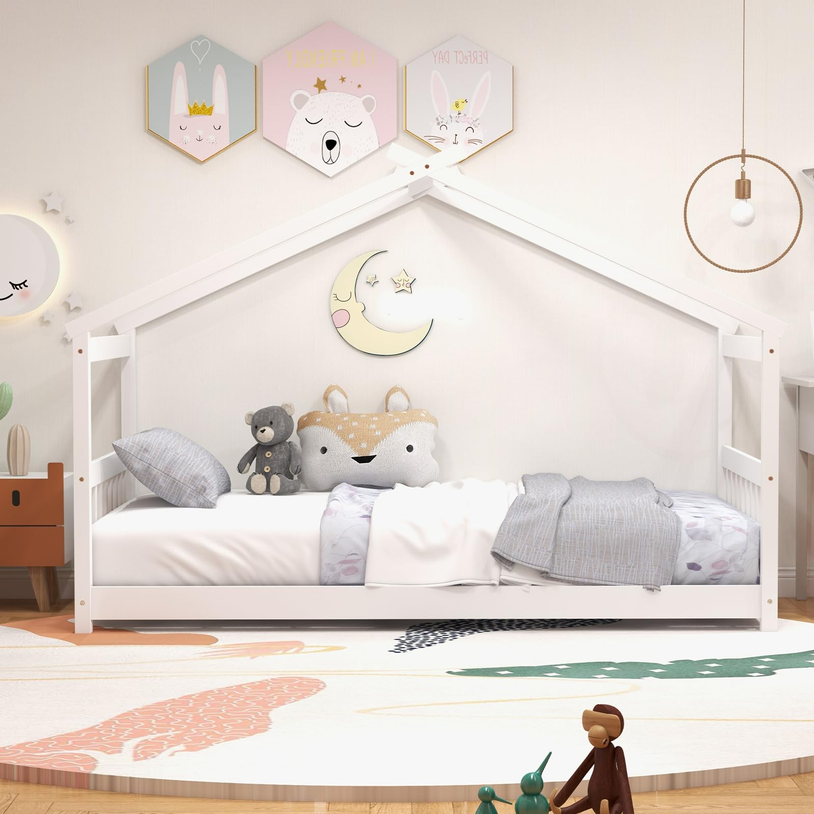**KOMFOTT Twin Wood House Bed for Kids – Low Profile Floor Bed Frame with Roof, Headboard & Footboard – Montessori Tent Bed for Toddlers, Boys & Girls – No Box Spring Needed – White – Perfect for Playrooms, Bedrooms & Montessori Learning Spaces**