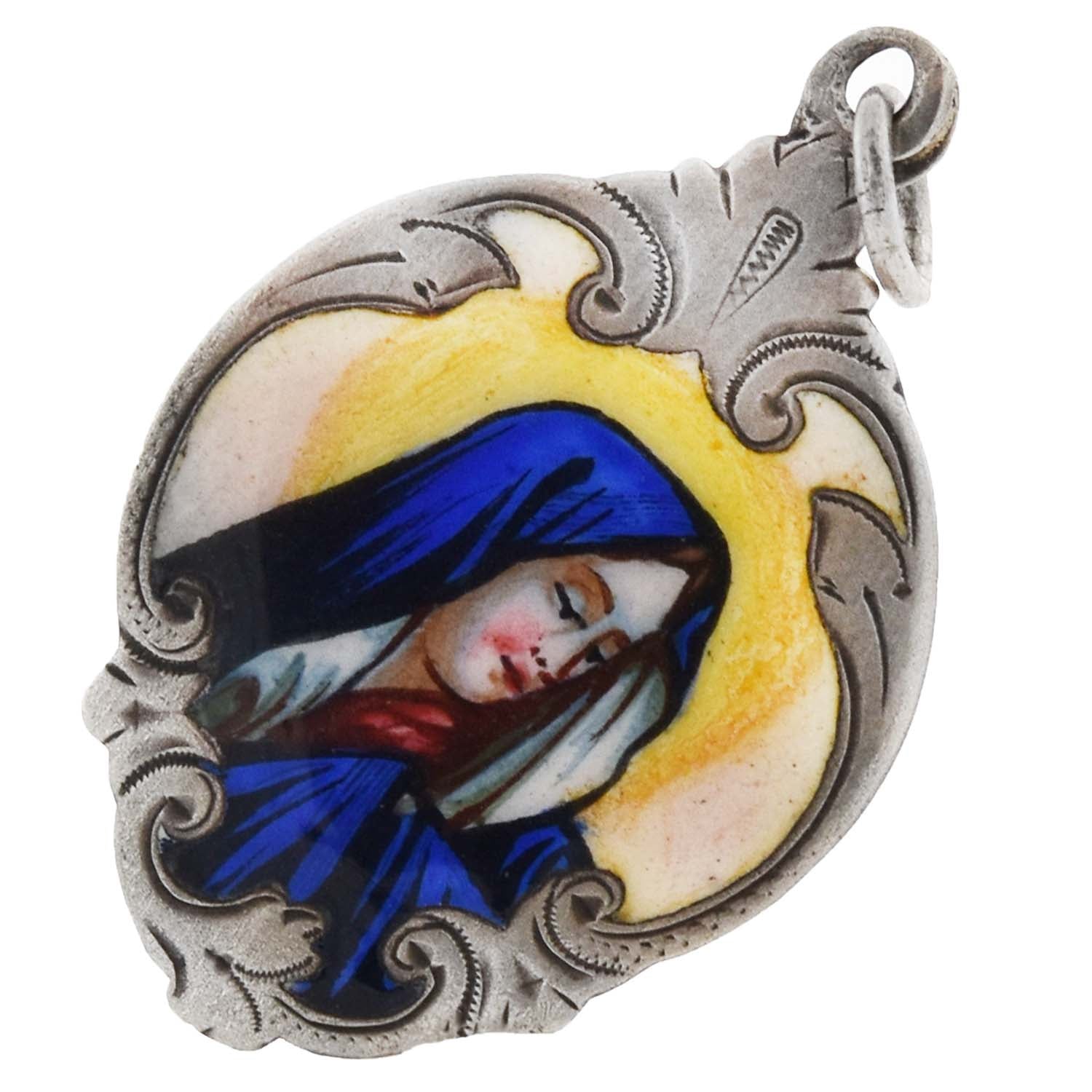 Victorian Sterling Silver Hand-Painted Enamel Virgin Mary Pendant Necklace - Religious Jewelry Gift for Baptism, First Communion & Catholic Devotion