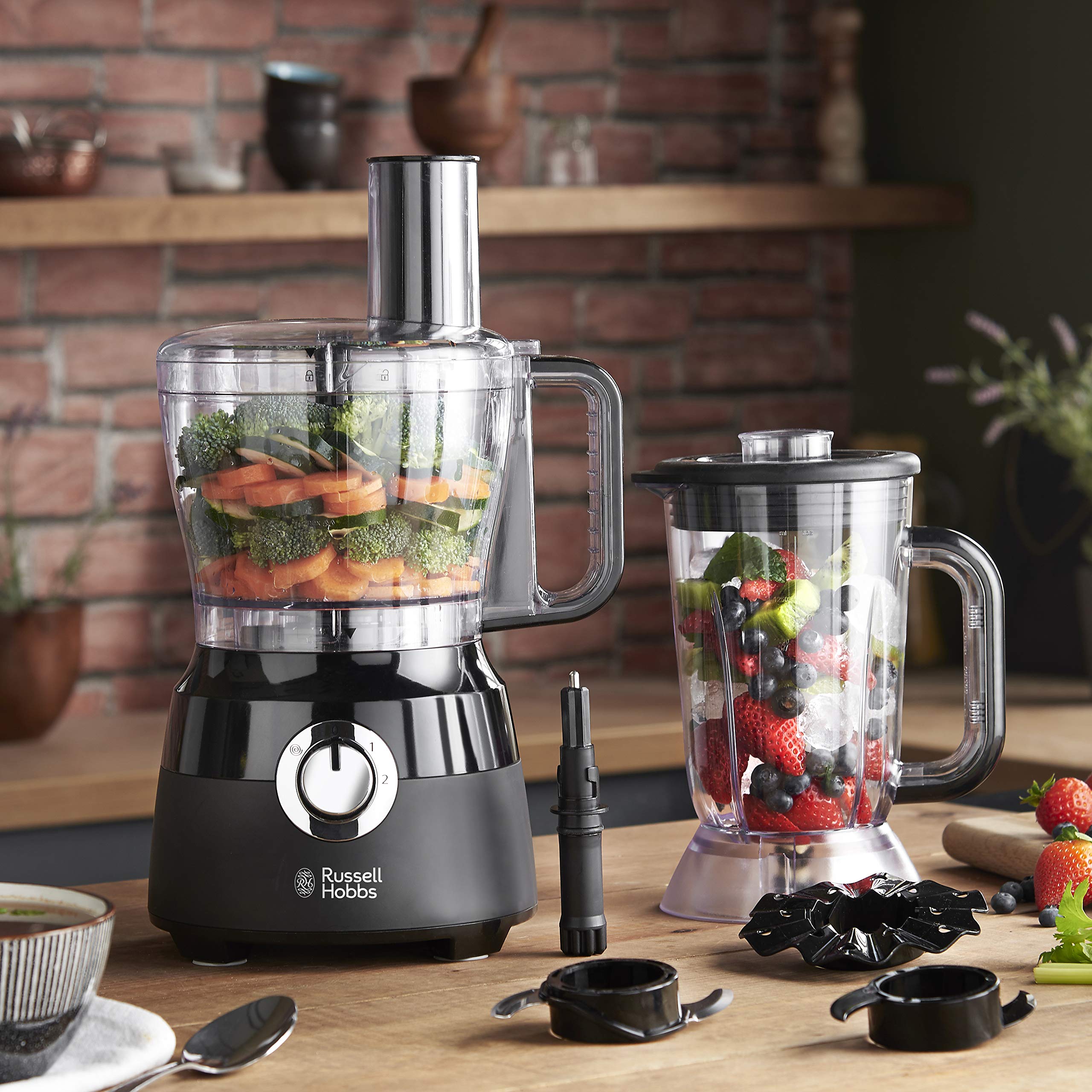 Russell Hobbs Desire 600W Electric Food Processor with 1.5L Bowl & Stainless Steel Blades - Includes Reversible Slicing/Shredding Disk, Dough Hook & Creaming Disk - Perfect for Chopping, Mixing & Baking at Home
