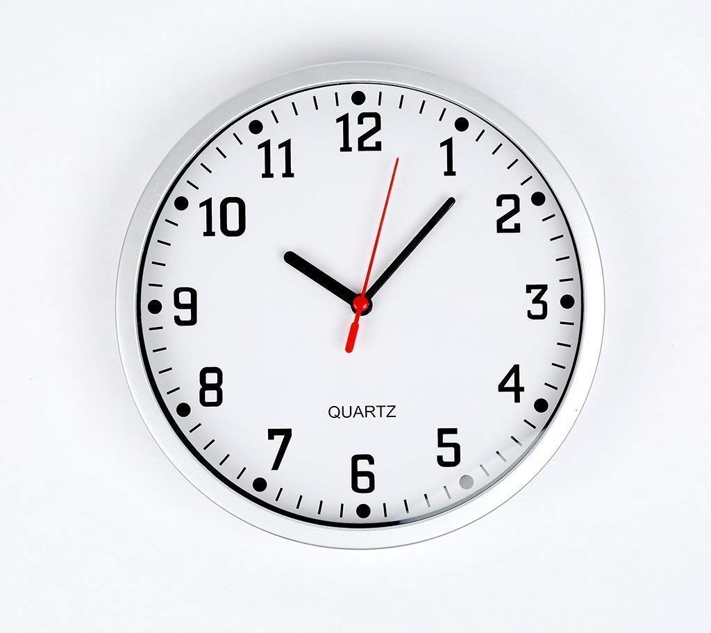 LARGE Stylish Round Modern Wall Clock - Big Readable Numbers with Front Glass - White Dial & Silver Frame - 23cm Standard Size - Perfect for School, Office, Home, Kitchen, Bathroom, Living Room & Bedroom