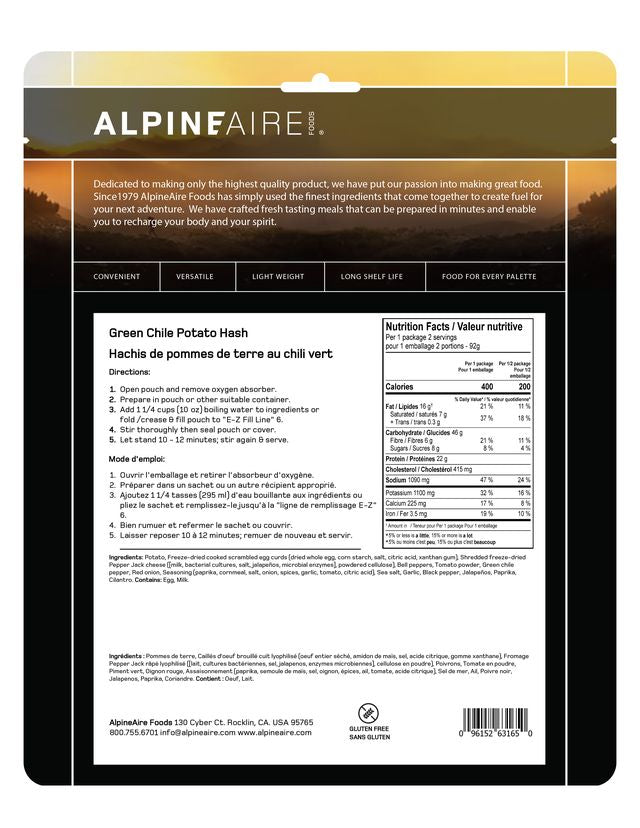 AlpineAire Green Chili Potato Hash - Freeze Dried Camping Food - Lightweight Backpacking Meals for Hiking, Emergency Preparedness & Outdoor Adventures