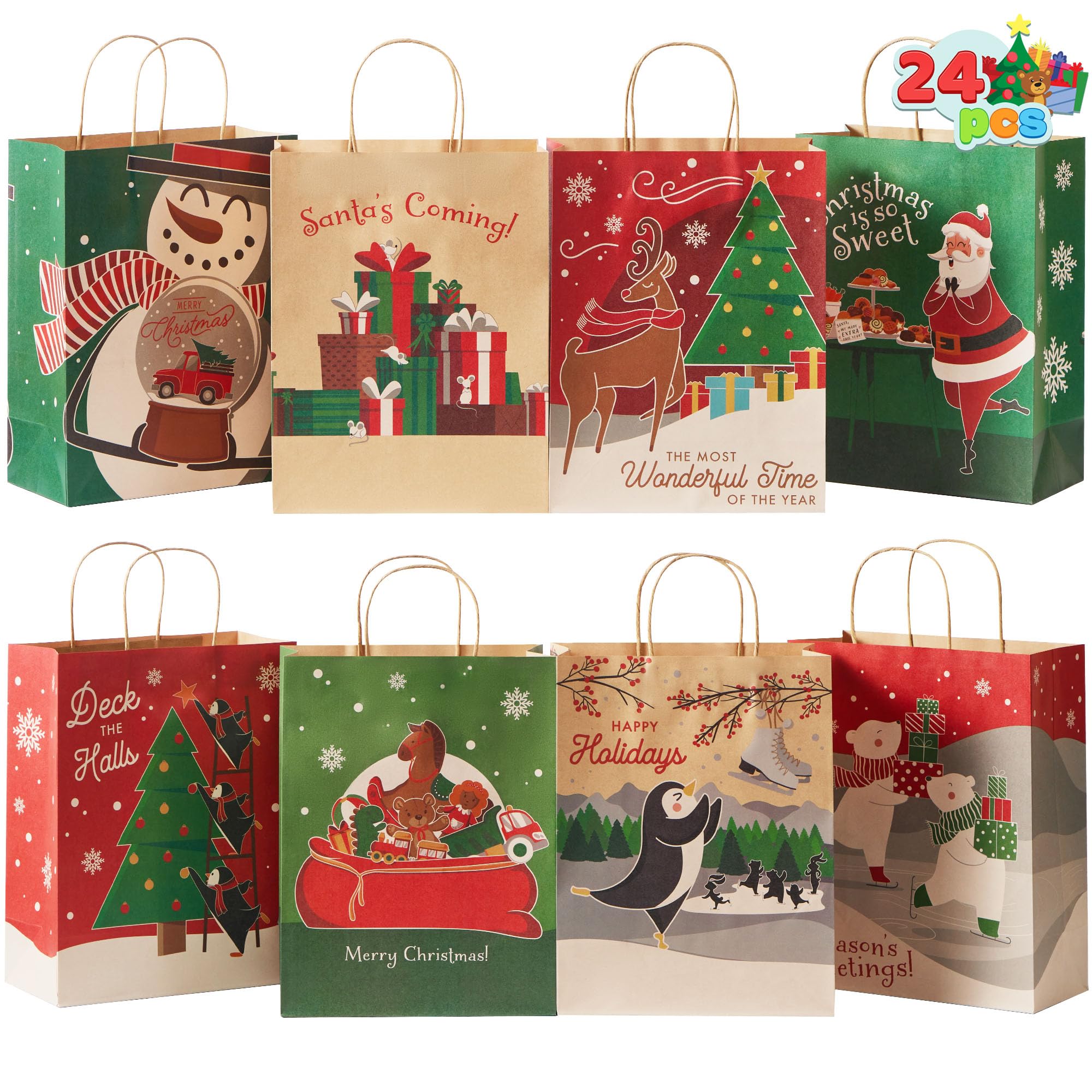 JOYIN 24-Pack Christmas Kraft Paper Gift Bags with Twine Handles, 10x13x5 Inch Large Holiday Present Wrapping Bags for Xmas Party Favors, Goodie Bags & Gift Giving - Perfect for Christmas Parties, Office Gifts & Holiday Celebrations