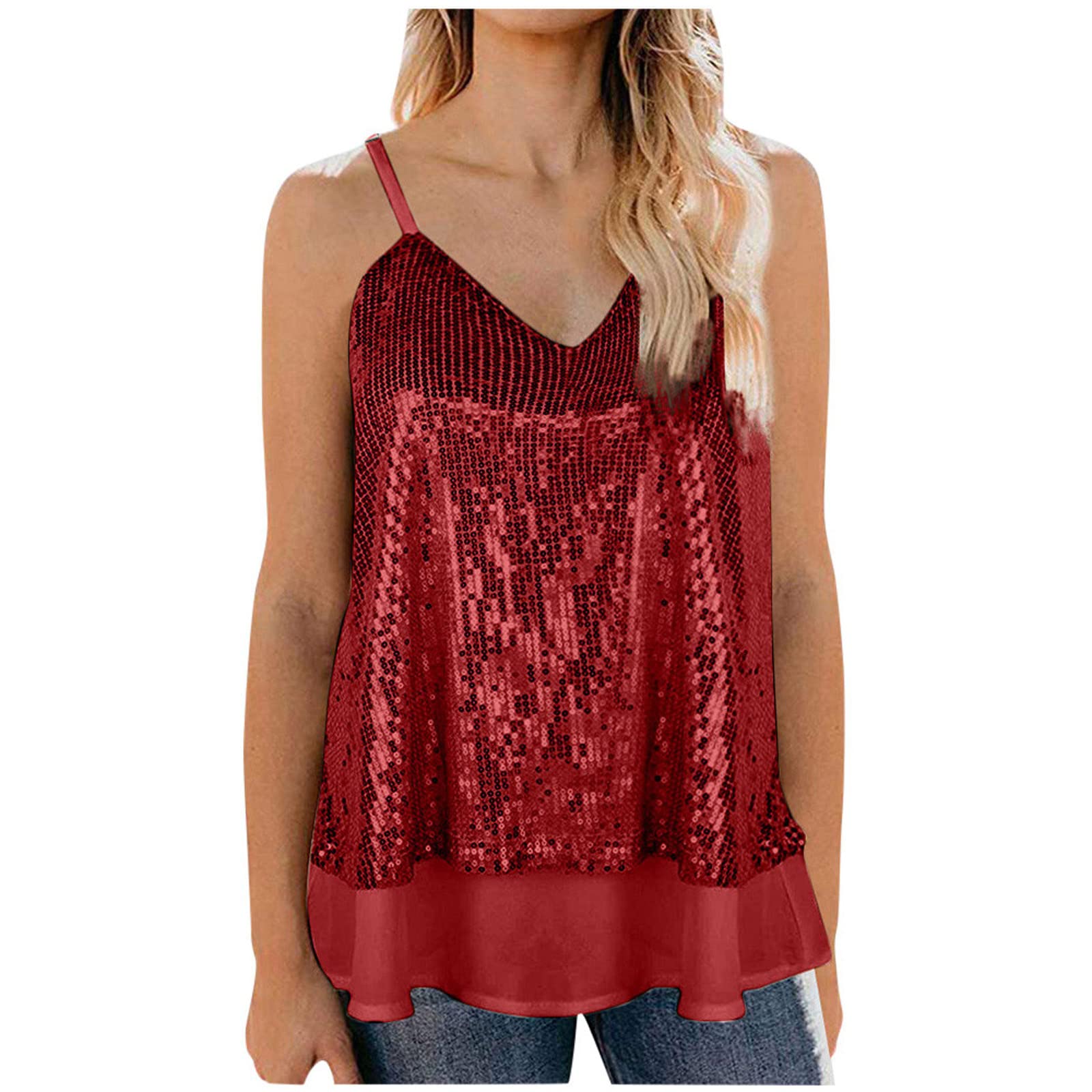 Kitimi Women's Sexy Sequins V-Neck Crop Camisole Top - Summer Beach Club Party Wear, Plus Size Splicing Tank Vest for Night Out & Vacation
