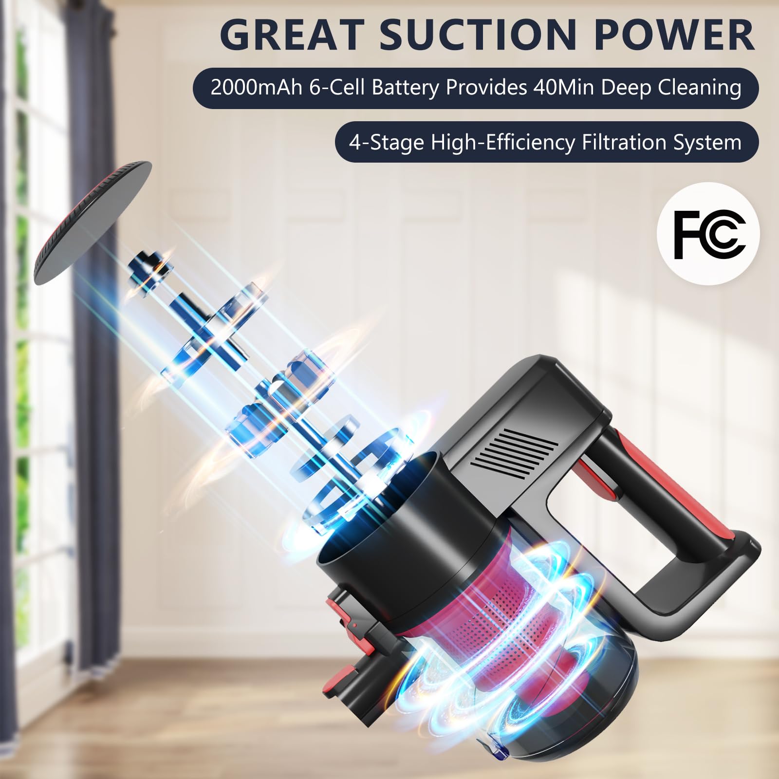 Powerful Cordless Stick Vacuum Cleaner with 2000mAh Battery - 40Min Runtime, 4-in-1 Lightweight Handheld Vacuum for Hardwood Floors, Carpets & Pet Hair - Perfect for Home Cleaning, Quick Pickup & Pet Owners