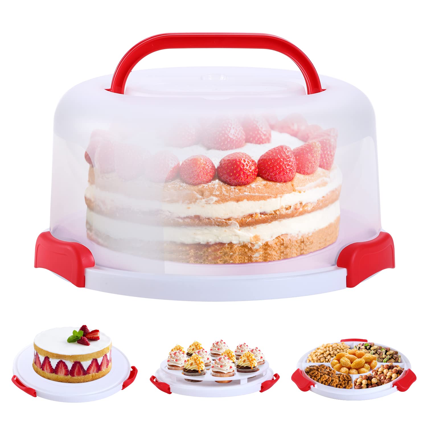 Ohuhu 10 Inch Round Cake Carrier with Lids - BPA-Free Portable Cake Holder for Cupcakes, Pies, Cookies, Nuts & Fruits | Two-Sided Base Design | Perfect for Parties, Picnics & Gift Giving