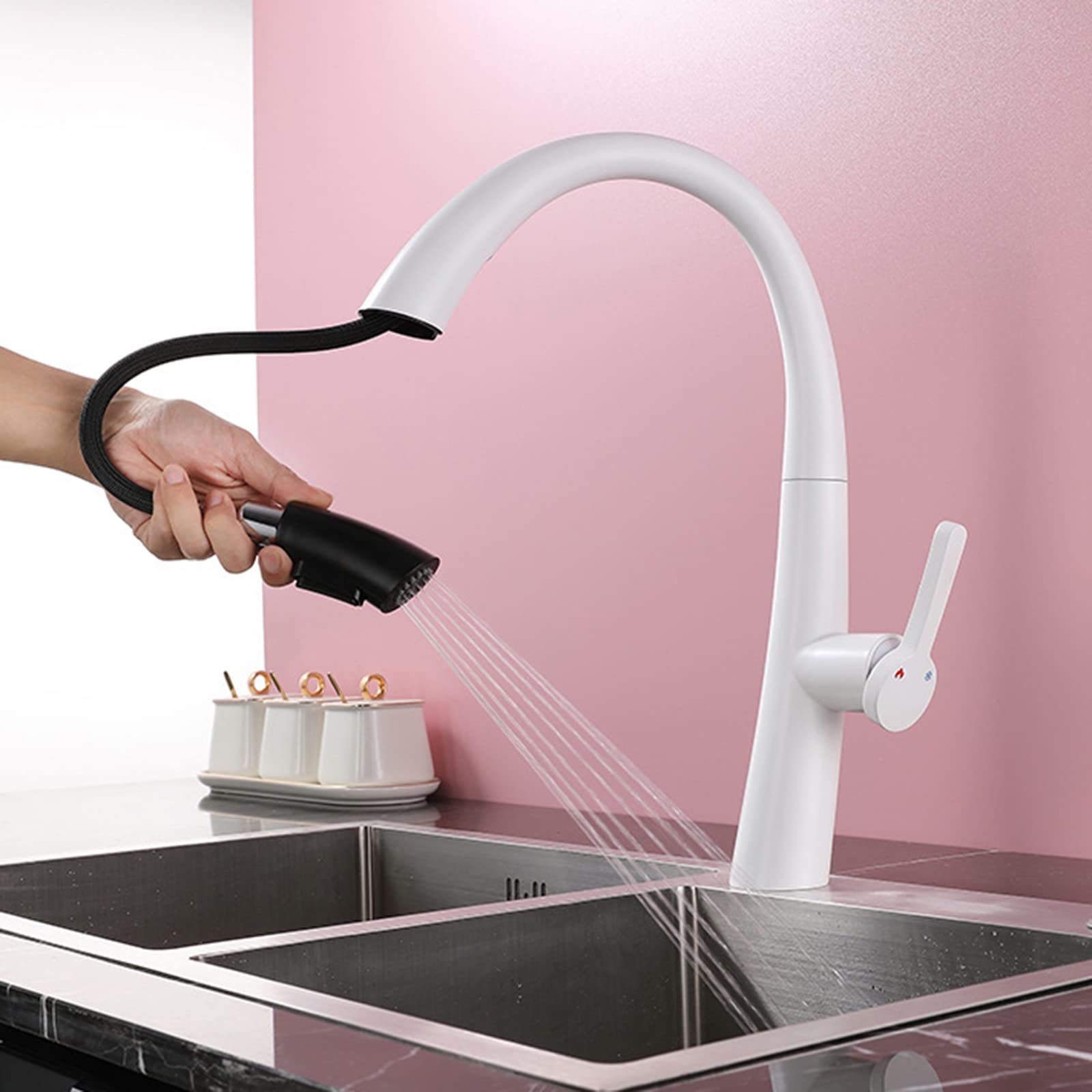 Stainless Steel Pull Down Kitchen Faucet with Sprayer - White Modern Water Saving Mixer Tap for Sink | Perfect for Cooking, Washing Dishes & Filling Pots