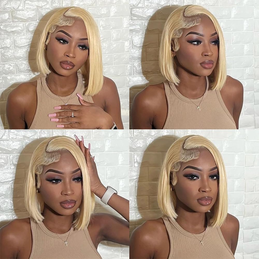 613 Blonde Bob Wig Human Hair 13x4 HD Lace Front Wig 200% Density - Pre Plucked with Baby Hair, Glueless Short Straight Bob Wigs for Women (12 Inch) - Perfect for Cosplay, Daily Wear & Special Occasions