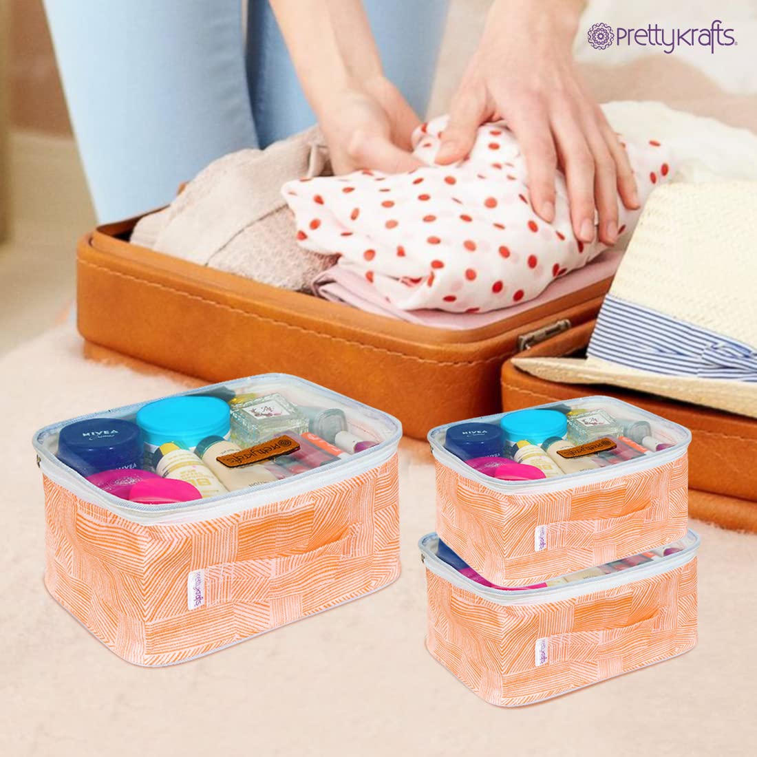 PrettyKrafts 3-Piece Travel Toiletry Bag Set - Waterproof Makeup & Cosmetics Organizer with Jewelry Pouch, Jute Orange - Perfect for Vacation, Business Trips & Gym Essentials Storage