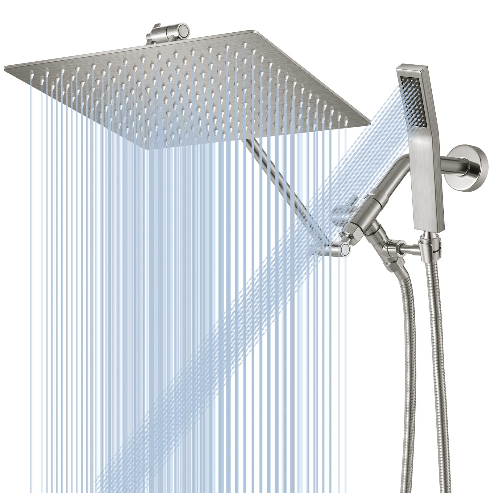 12 Inch HotQing All Metal Dual Square Shower Head Combo - Rainfall Shower Head with Handheld, High Pressure Rain Shower Head with 15 Inch Brass Adjustable Extension Arm (Brushed Nickel) - Perfect for Bathroom Renovation, Spa-Like Shower Experience, and Water Saving