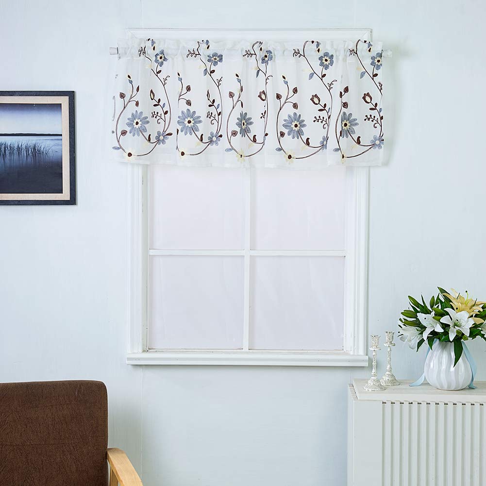 BOYOUTH Grey Floral Coffee Leaf Embroidered Sheer Voile Short Curtains with Rod Pocket - 51x16 Inches, 1 Panel - Perfect for Kitchen Windows, Cafe Decor, Small Spaces & Boho Home Aesthetics
