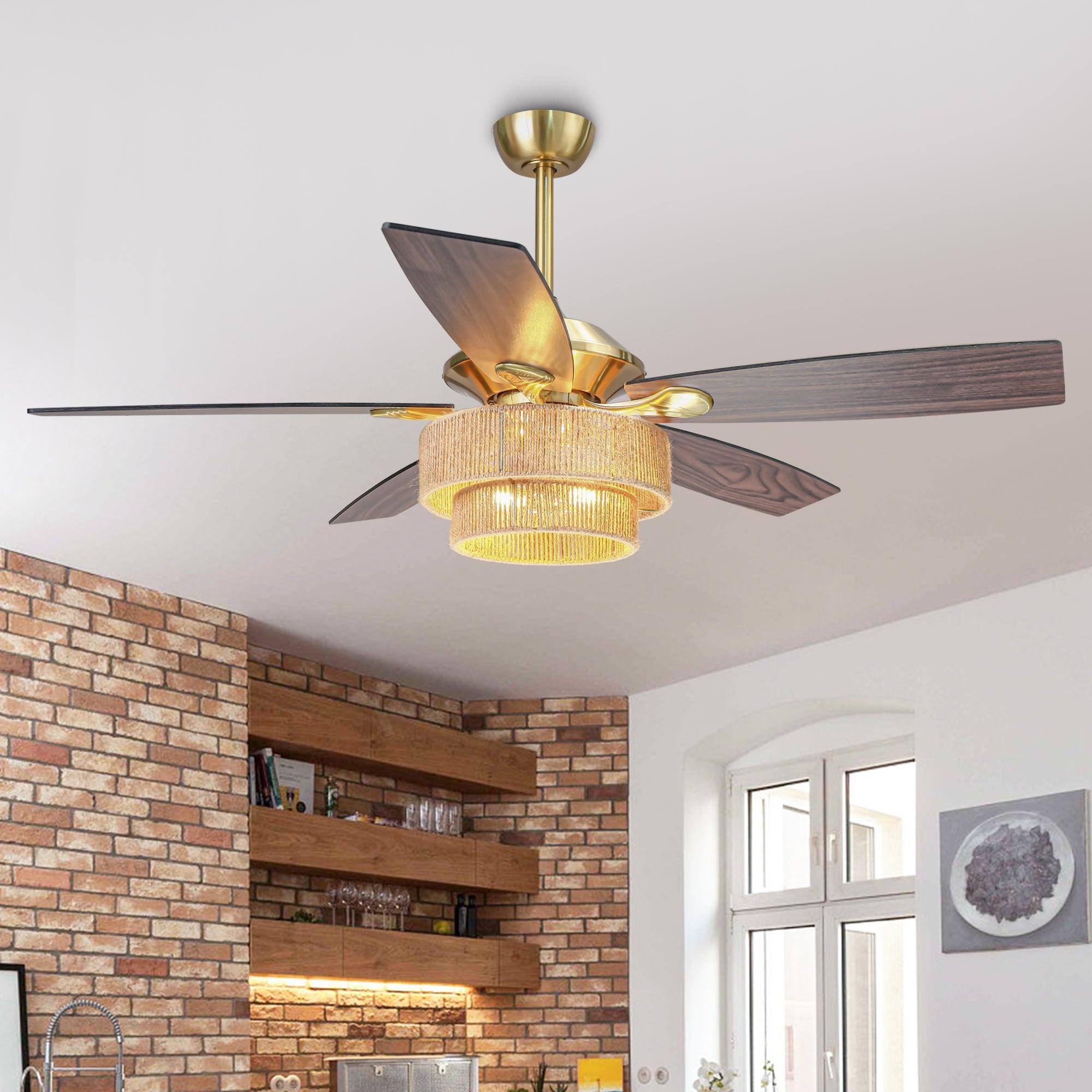 52 Inch Danube Farmhouse Style Ceiling Fan with DC Motor, Golden Downrod & Integrated Light Kit - Perfect for Living Rooms, Bedrooms, and Outdoor Covered Patios