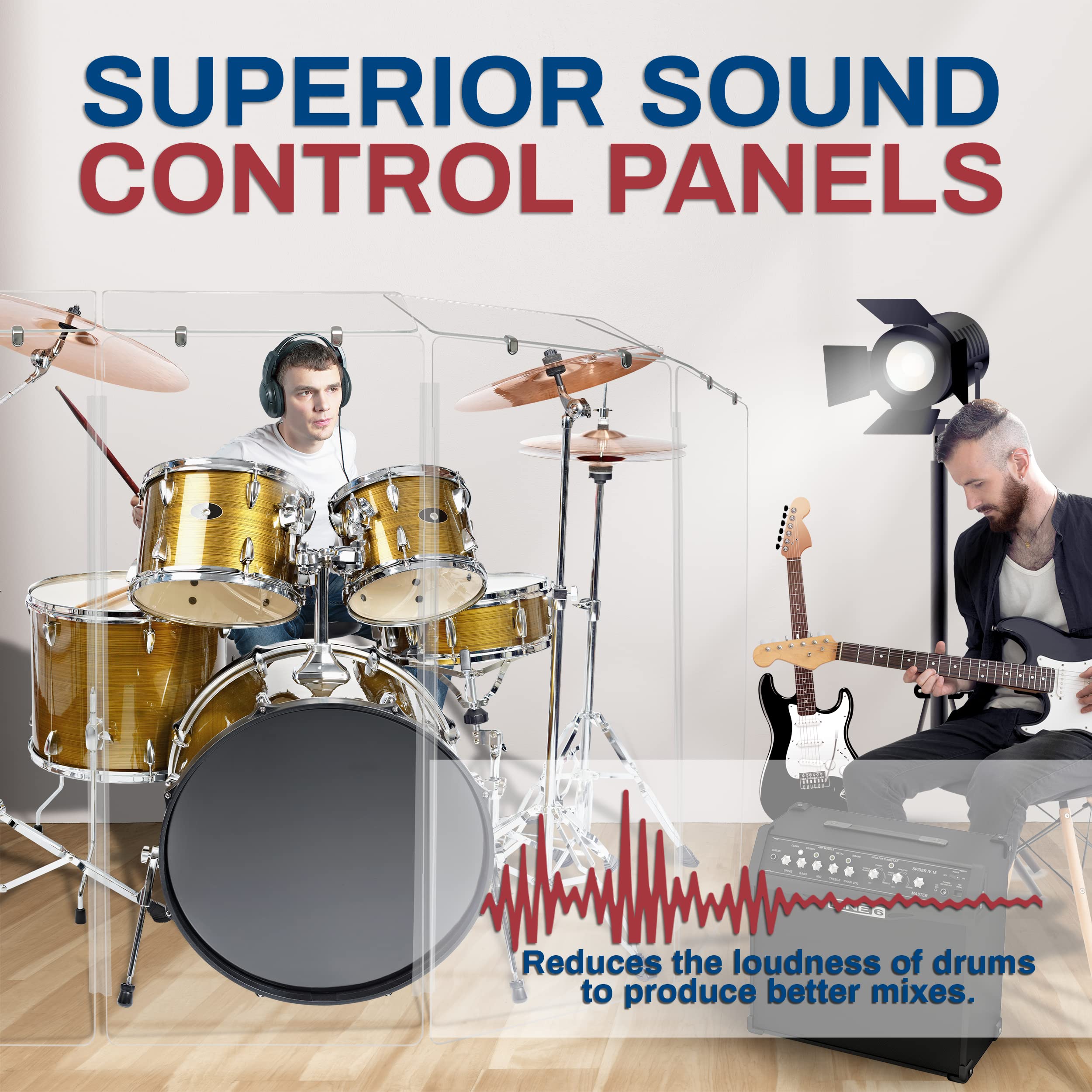 4ft Drum Shield with Deflectors & Plastic Hinges - 5 Clear Acrylic Drum Panels Included | Noise Reduction for Drum Practice, Studio Recording & Live Performances