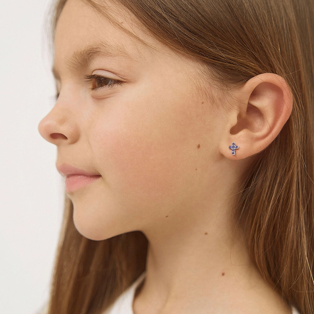 Kids' Sterling Silver & Cubic Zirconia 7mm Cross Earrings - Perfect for First Communion, Baptism & Everyday Wear