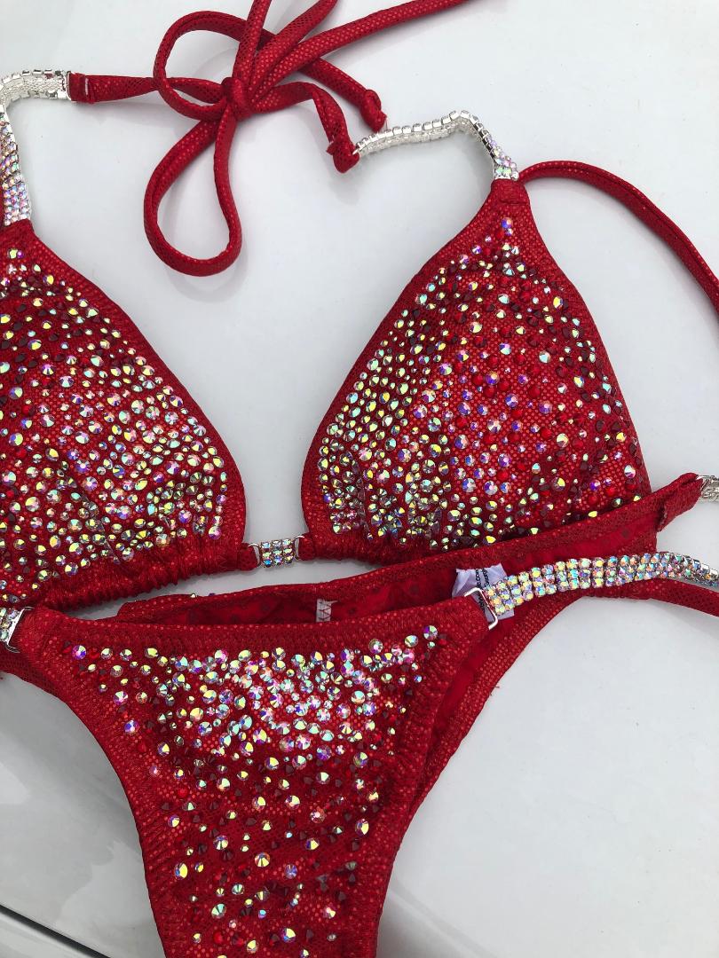 Stunning Red Bikini Competition Suit with Beaded Rhinestone & AB Crystals - Perfect for Swimwear Pageants, Beach Vacations, and Poolside Glamour