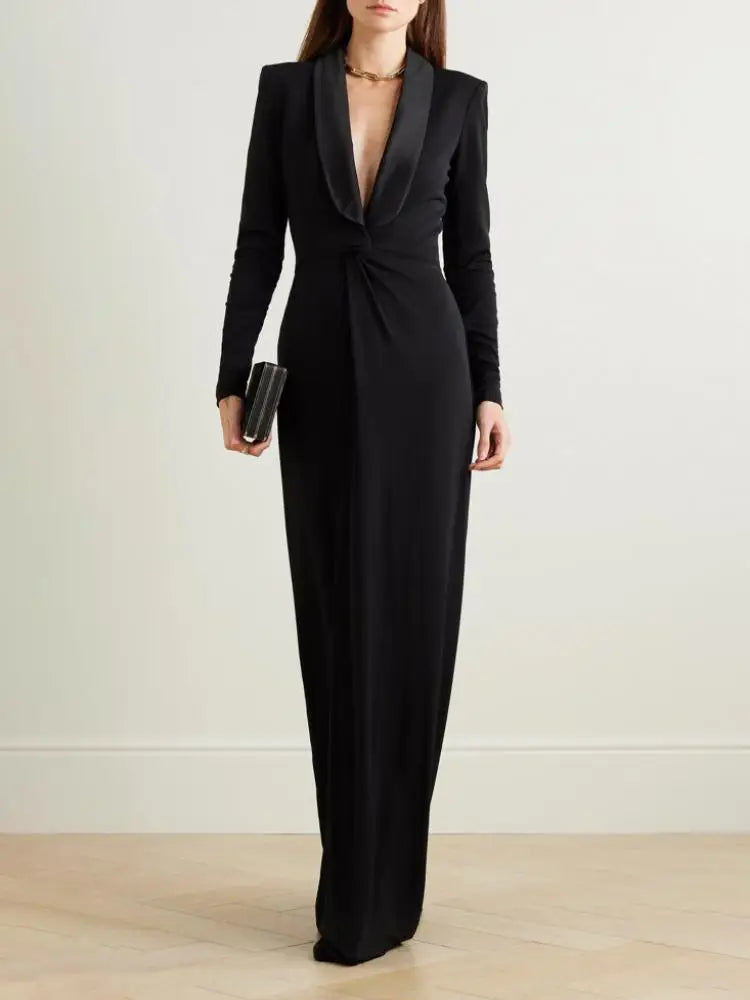 Freeacy Women's Solid Black Deep V-Neck Long Sleeve Floor Length Wrap Dress - Slim Fit Evening Gown for Formal Parties, Weddings & Special Occasions