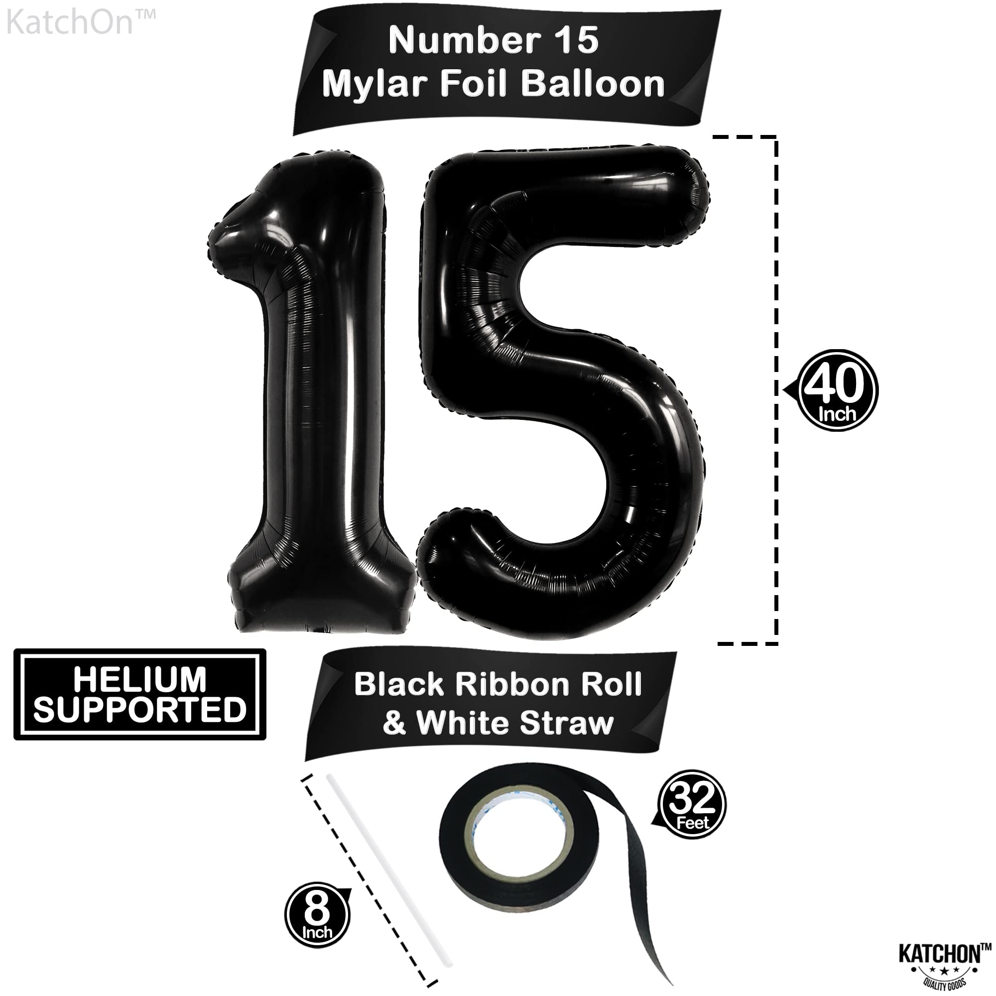 KatchOn Giant Black 15 Balloons - 40 Inch Large Number Balloons for 15th Birthday Party Decorations | Perfect for Boys Birthday, Sweet 16, Quinceañera & Anniversary Celebrations | Indoor & Outdoor Party Decor