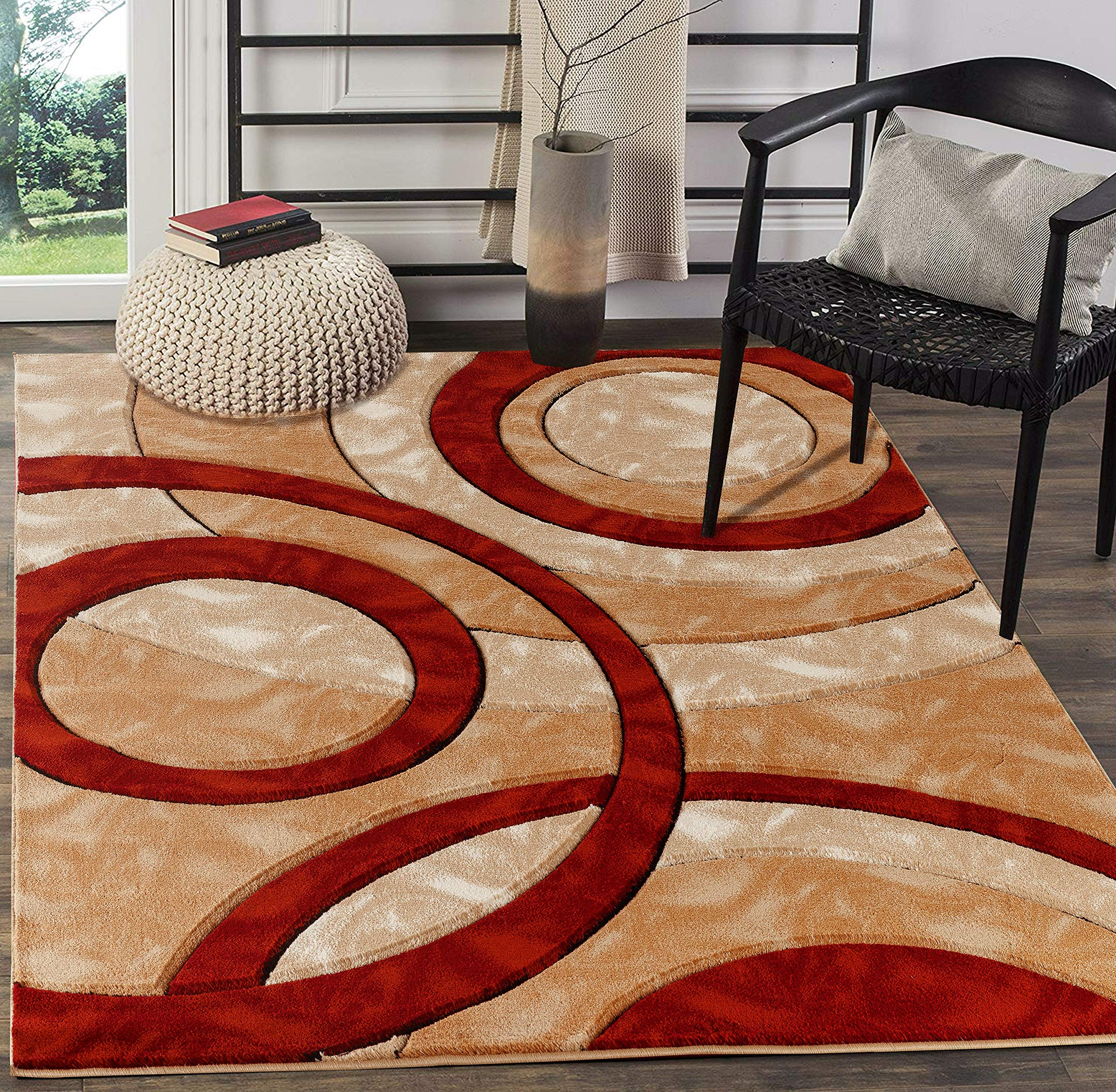 GLORY RUGS Modern 8x10 Area Rug - Dark Red Geometric Circle Design, Soft Hand-Carved Contemporary Fluffy Carpet for Living Room, Dining Room & Bedroom - Perfect for Home Decor, Floor Protection and Cozy Interior Styling