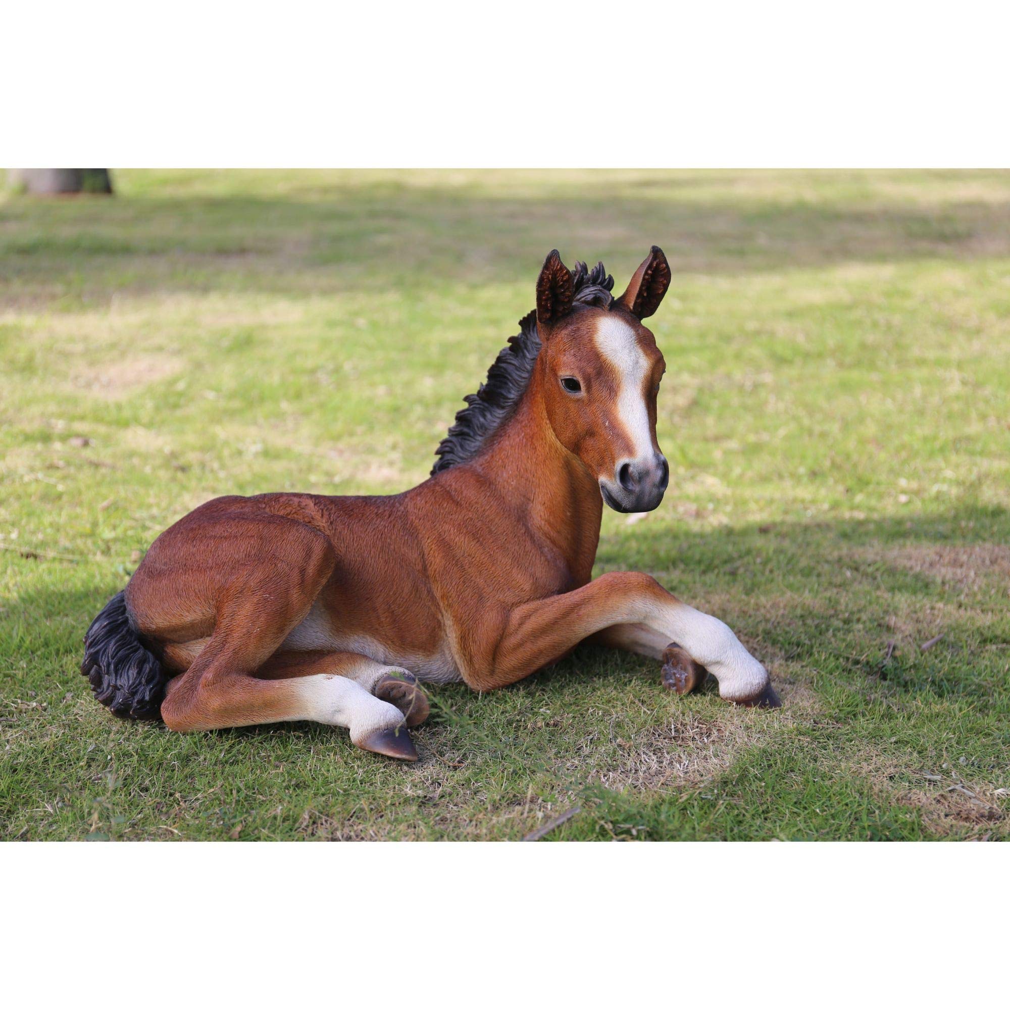 Hi-Line Gifts 23.5 Inch Realistic Brown & Black Horse Colt Laying Down Outdoor Garden Statue - Perfect for Lawn Decor, Patio Ornaments, and Farmhouse Landscaping