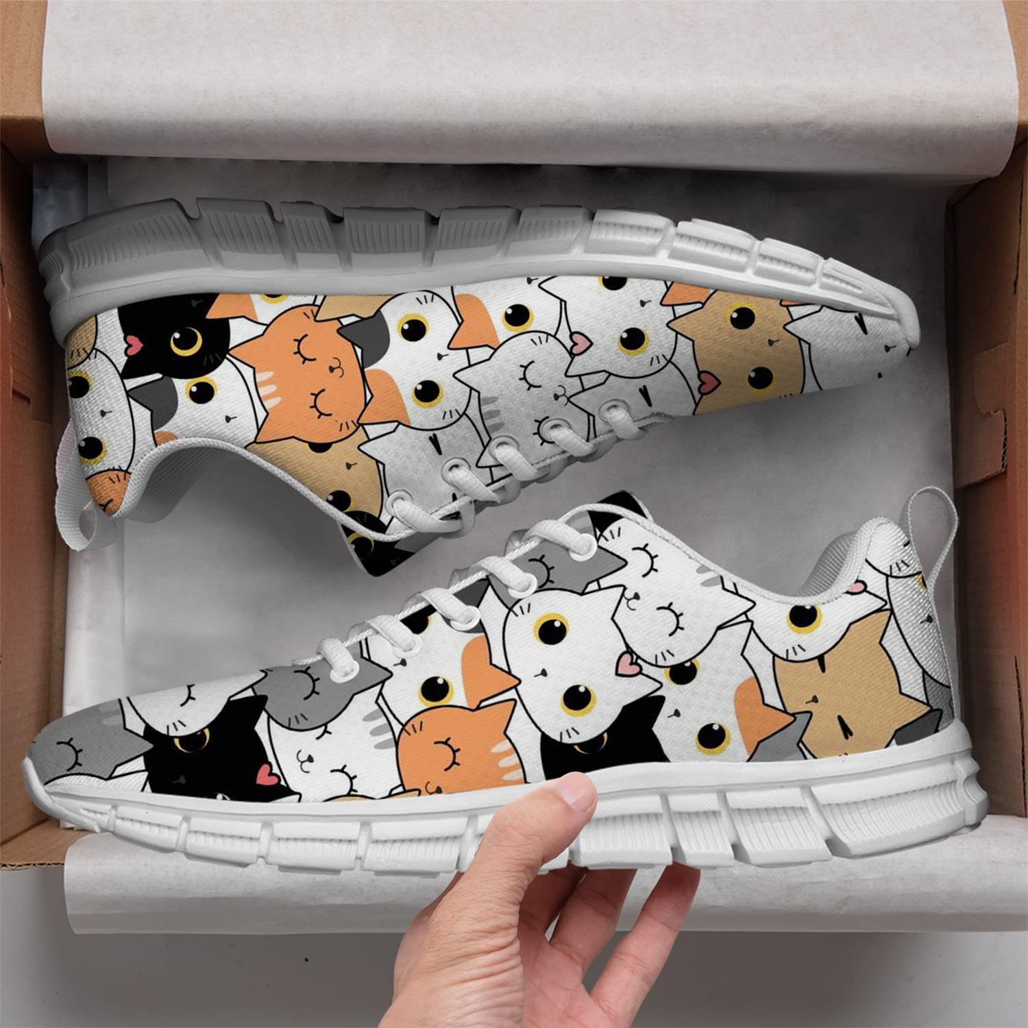 Cat Print Sneakers for Women & Men - Cute Kitten Head Pattern Tennis Walking Running Shoes - Gifts for Cat Lovers (Men's Size 8, Women's Size 9.5, White) - Perfect for Casual Wear, Jogging & Cat-Themed Outfits