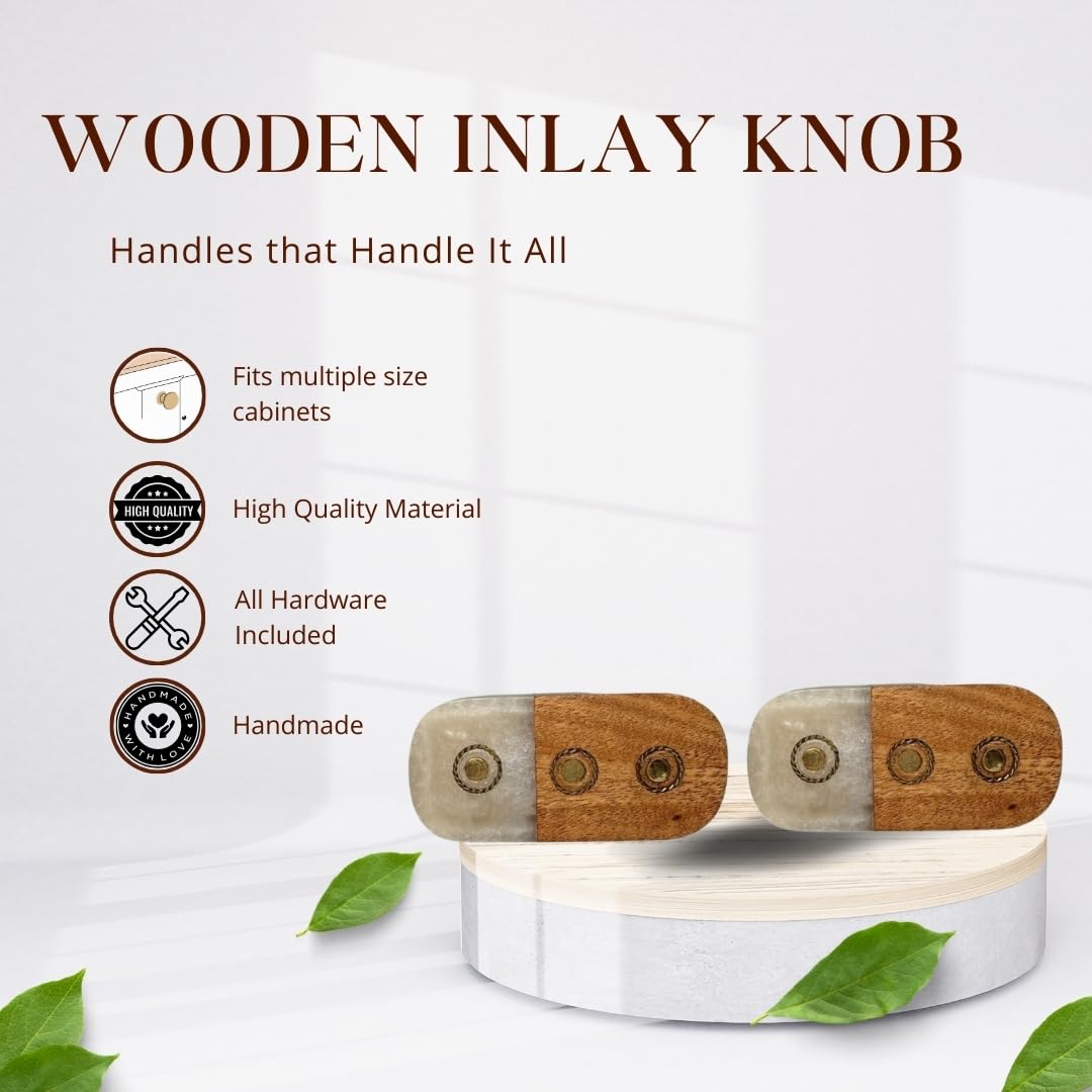 Premium Set of 6 Wooden Door Knobs with Decorative Oval Inlay - Elegant Brown & Off White Cabinet Handles (1.25