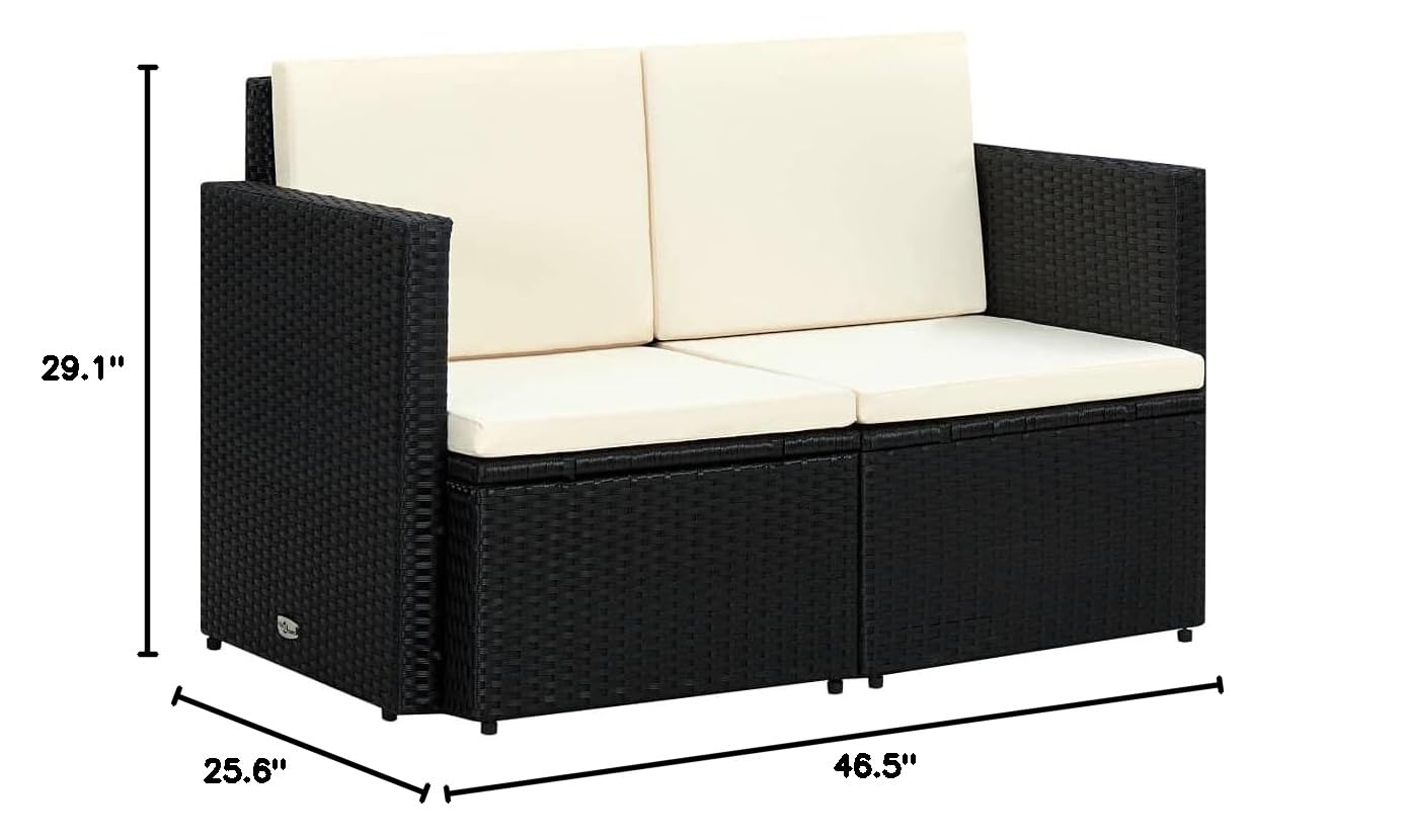 CHARMMA 2 Seater Patio Sofa with Cushions - Black Poly Rattan Outdoor Furniture for Garden, Balcony & Backyard Relaxation