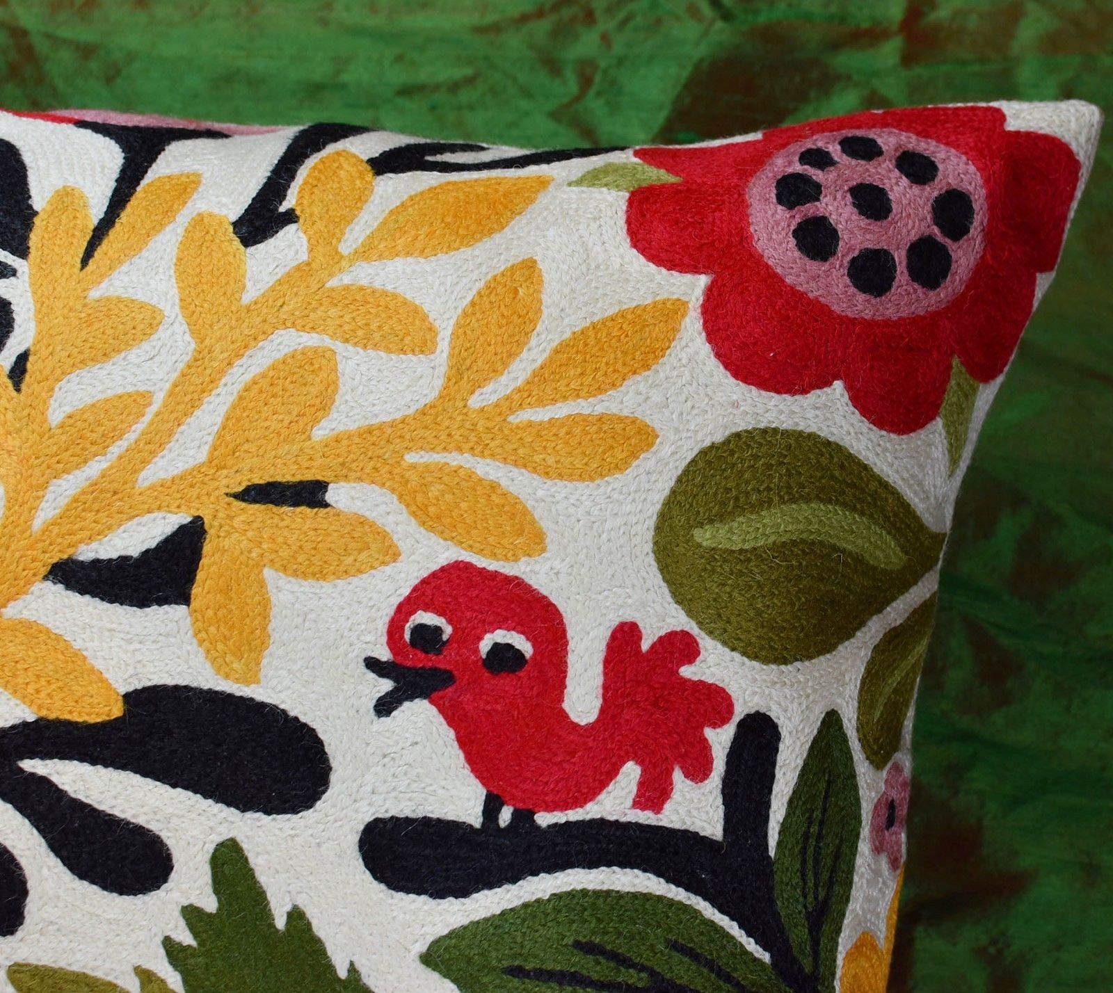 Hand Embroidered Wool Floral Pillow Cover 18x18 Inch - Red Polish Suzani Bird Flower Cushion for Farmhouse Decor, Outdoor Throw Pillow, Chair & Sofa Accent - Perfect for Living Room, Bedroom & Patio
