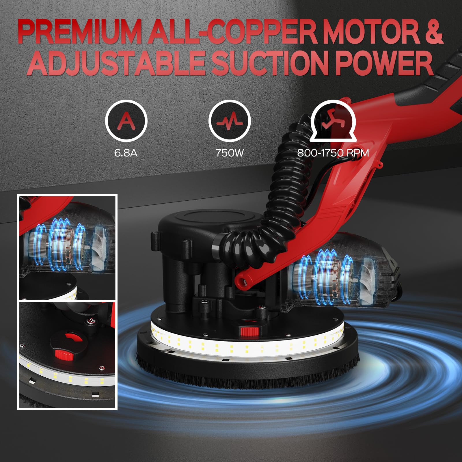 IMQUALI® 750W Drywall Sander with Vacuum Dust Collector - 6.8A Power, 7-Speed Adjustable (800-1750 RPM), Extendable Handle, LED Light & 12 Sanding Discs - Ideal for Popcorn Ceiling Removal, Wall Smoothing & DIY Home Renovation Projects